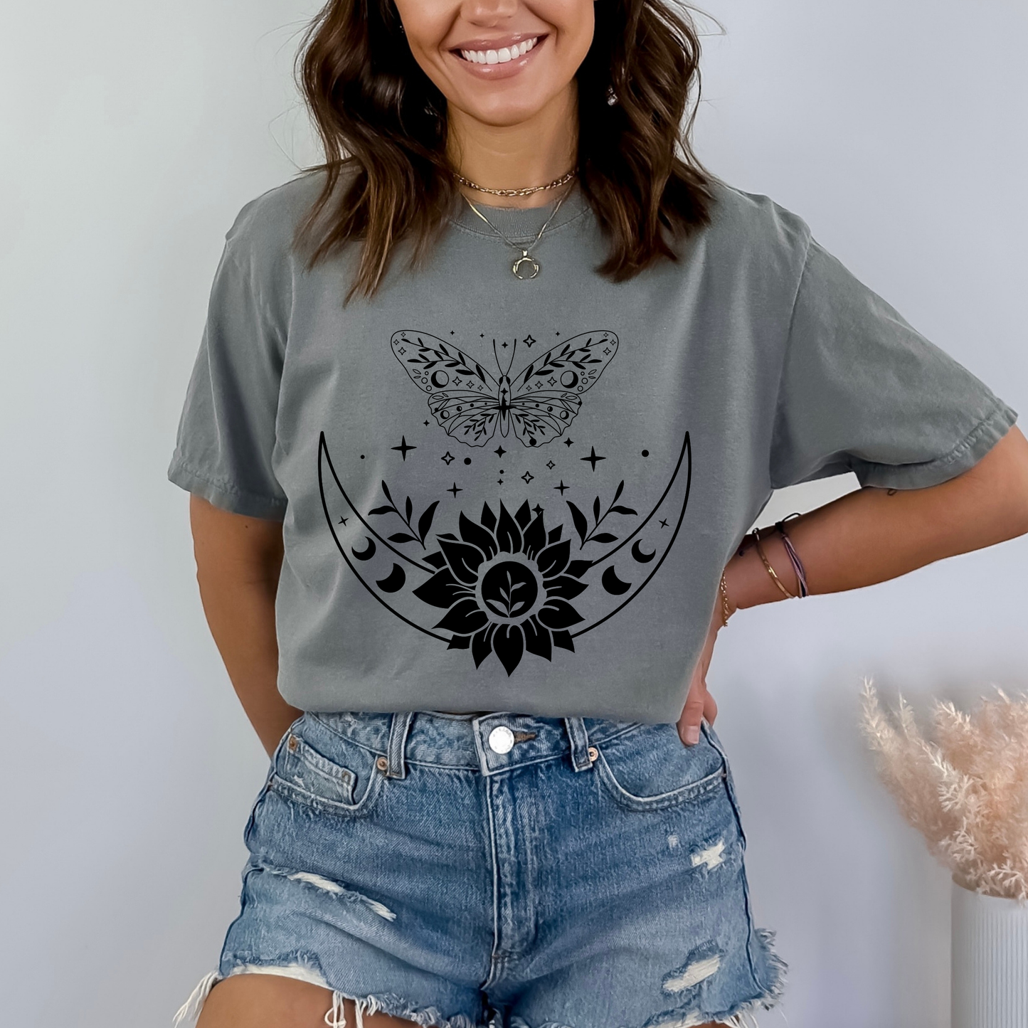 Boho Moon Phases, Sunflower & Butterfly T-Shirt