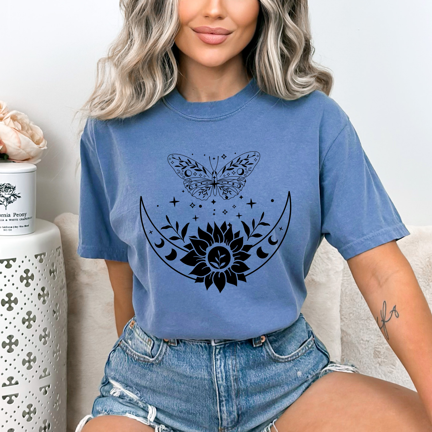 Boho Moon Phases, Sunflower & Butterfly T-Shirt