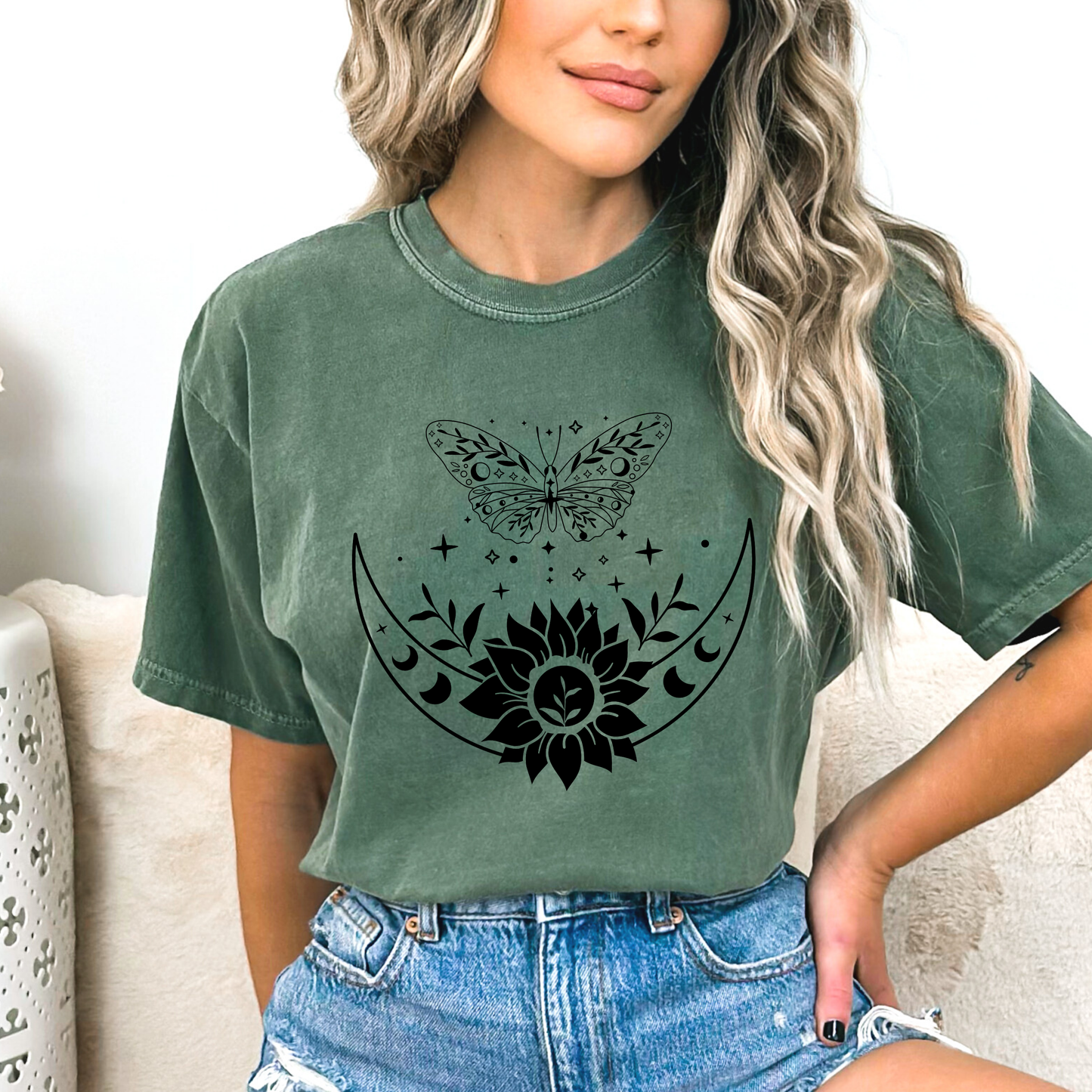Boho Moon Phases, Sunflower & Butterfly T-Shirt