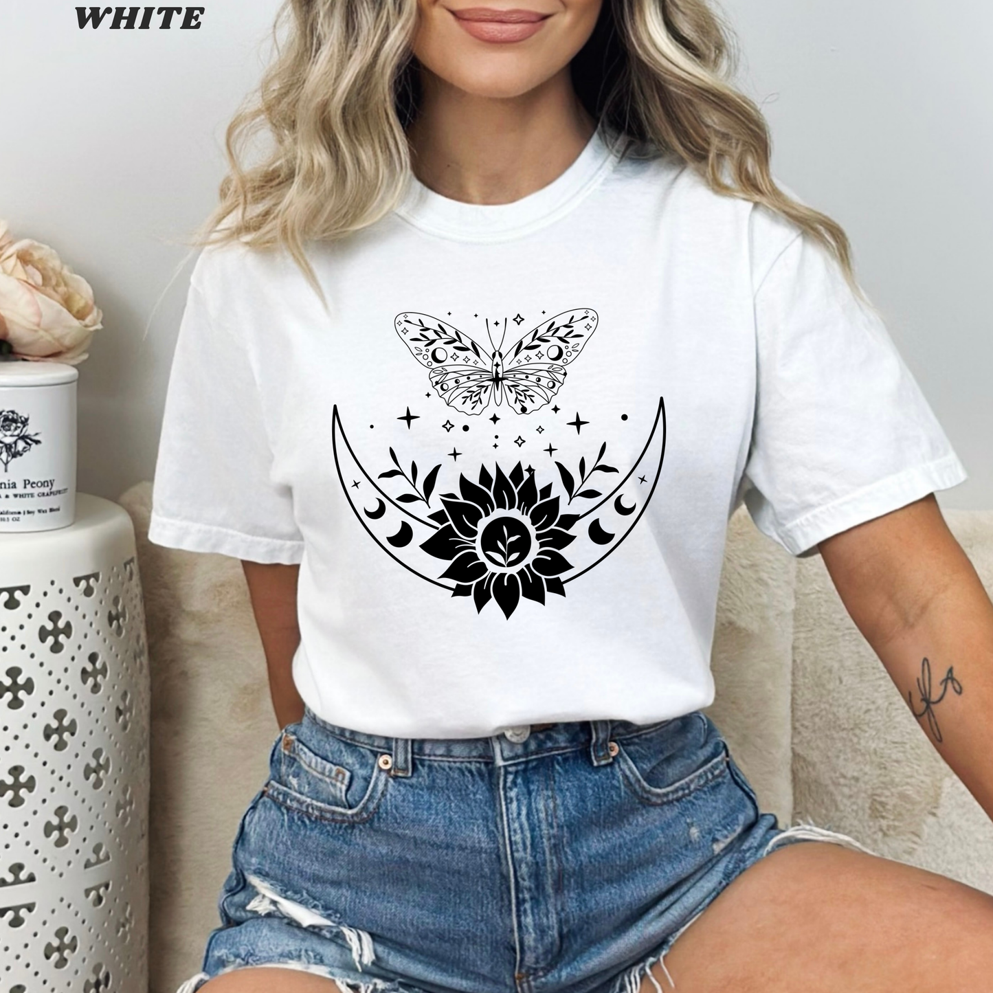 Boho Moon Phases, Sunflower & Butterfly T-Shirt
