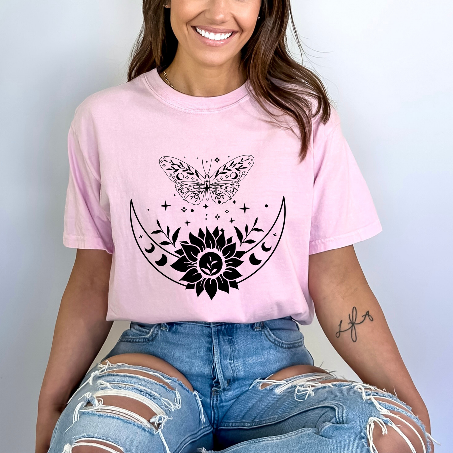 Boho Moon Phases, Sunflower & Butterfly T-Shirt