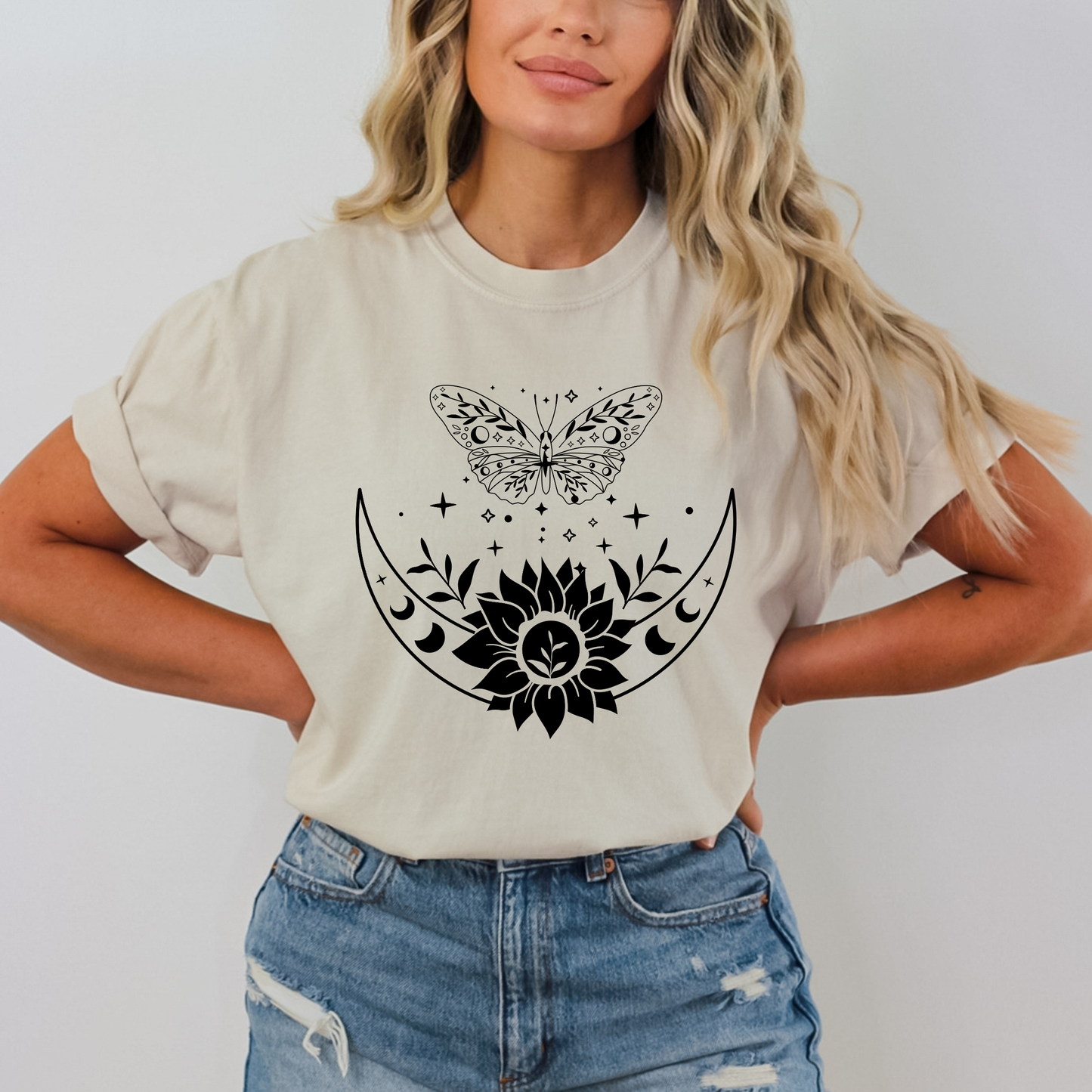 Boho Moon Phases, Sunflower & Butterfly T-Shirt