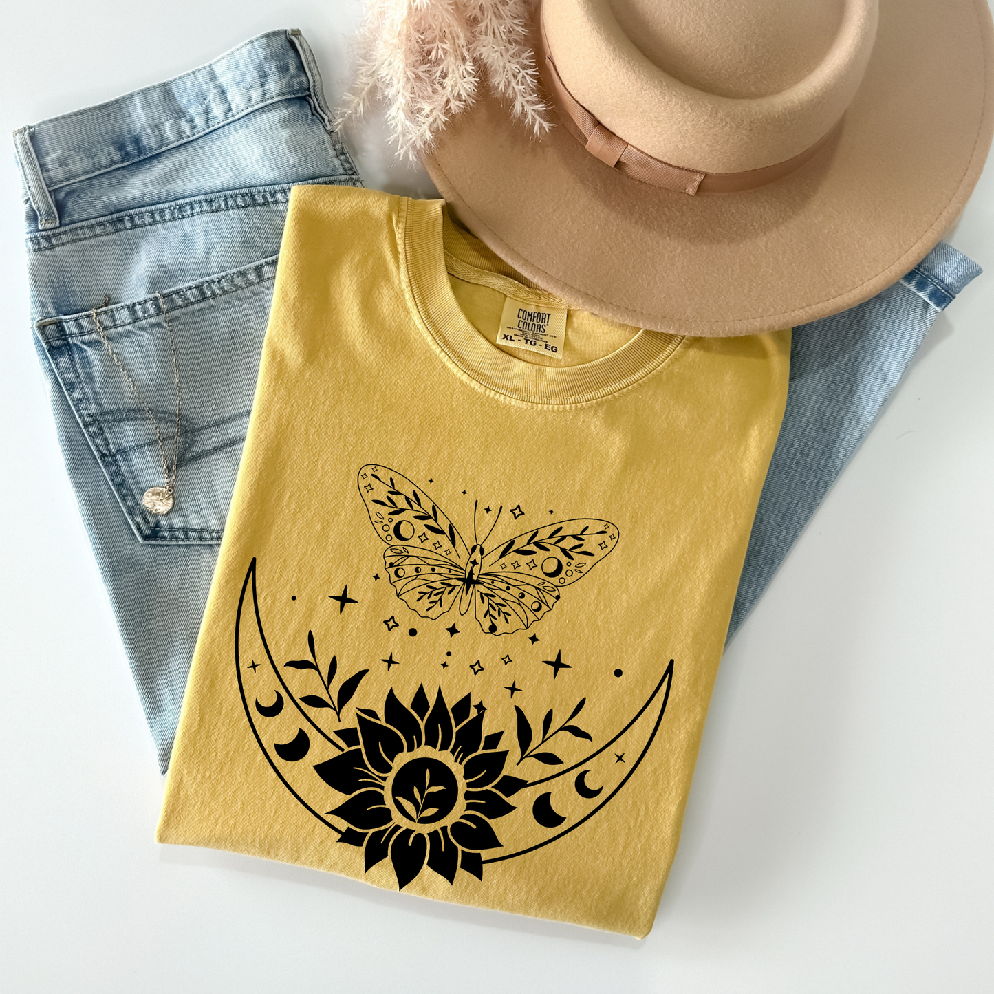 Boho Moon Phases, Sunflower & Butterfly T-Shirt