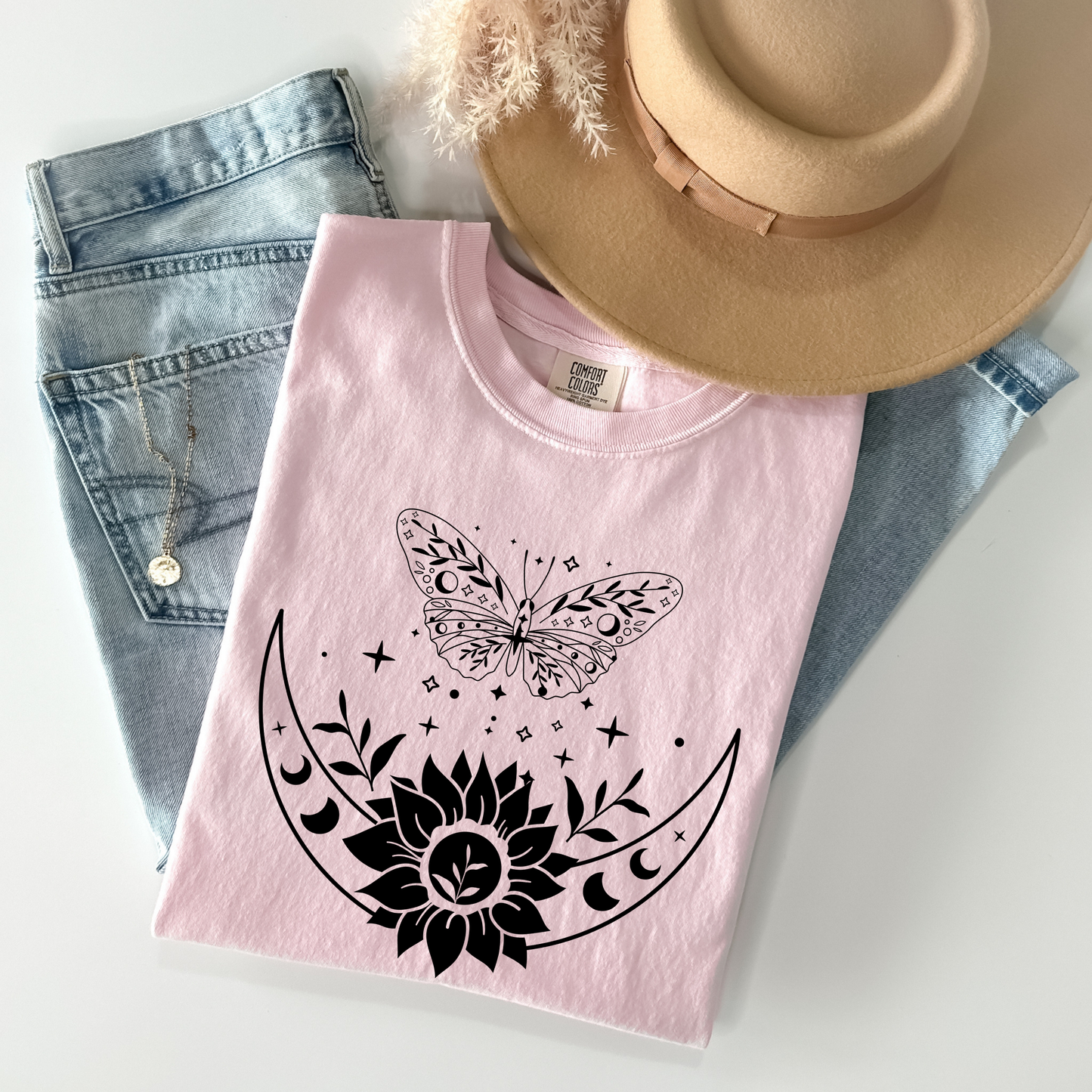 Boho Moon Phases, Sunflower & Butterfly T-Shirt