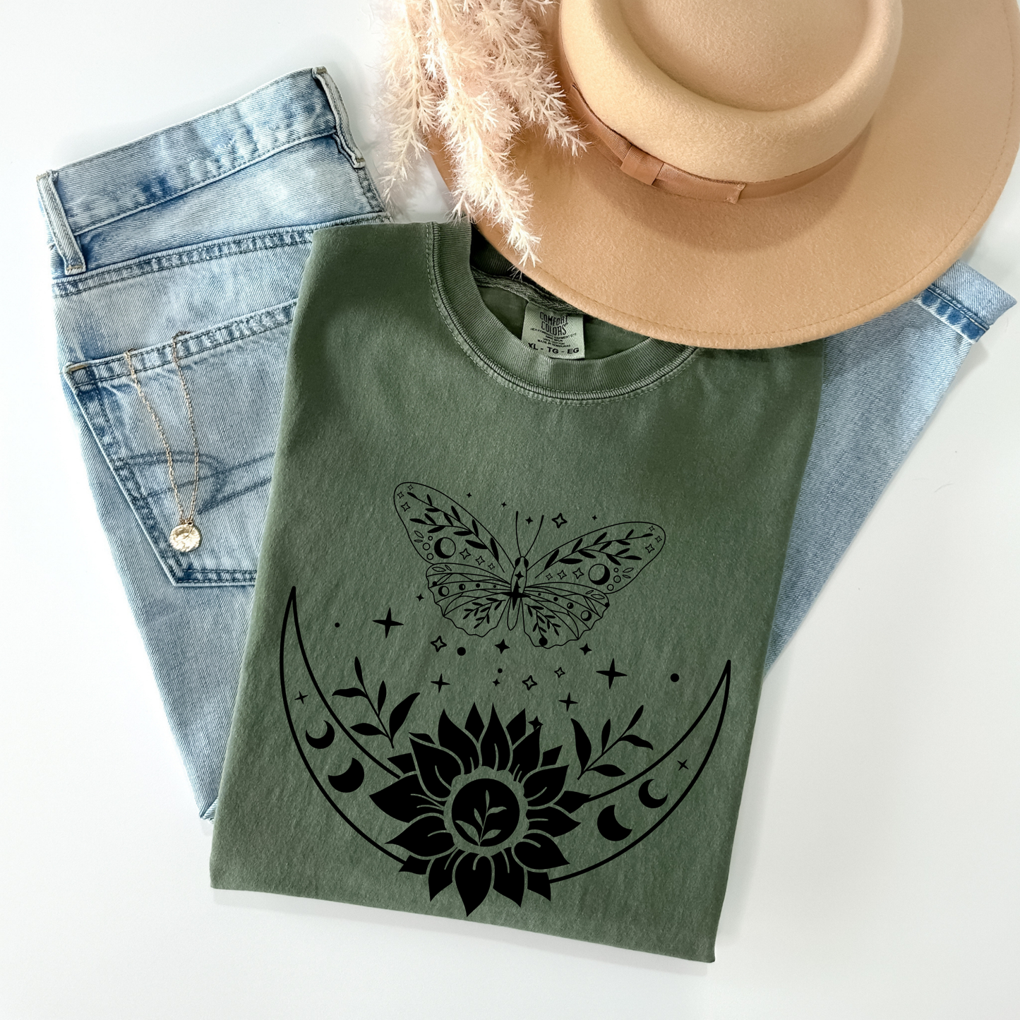 Boho Moon Phases, Sunflower & Butterfly T-Shirt