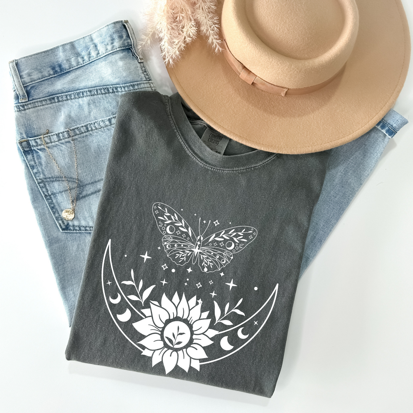 Boho Moon Phases, Sunflower & Butterfly T-Shirt