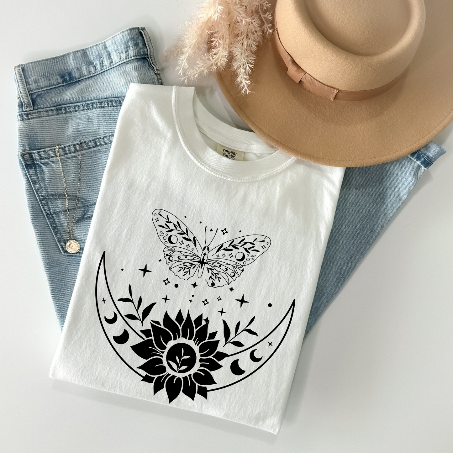 Boho Moon Phases, Sunflower & Butterfly T-Shirt