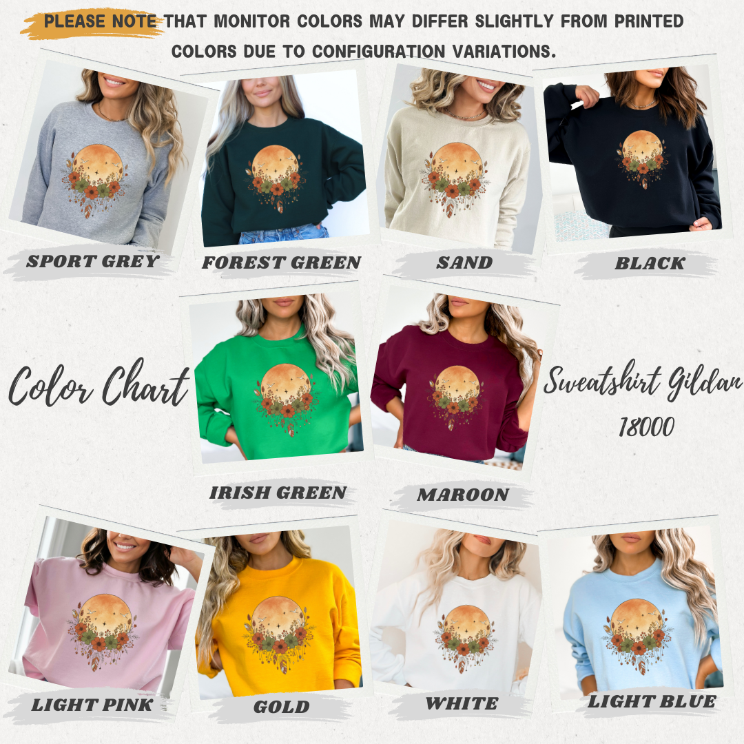 Embrace the serene energy of the season with our Boho Floral Moon Sweatshirt! This cozy and comfortable top features a stunning celestial graphic with a large, rustic full moon and a beautiful arrangement of bohemian flowers and feathers. It's the perfect unisex sweater for anyone who loves a cottagecore aesthetic, witchy vibes, or unique floral designs.