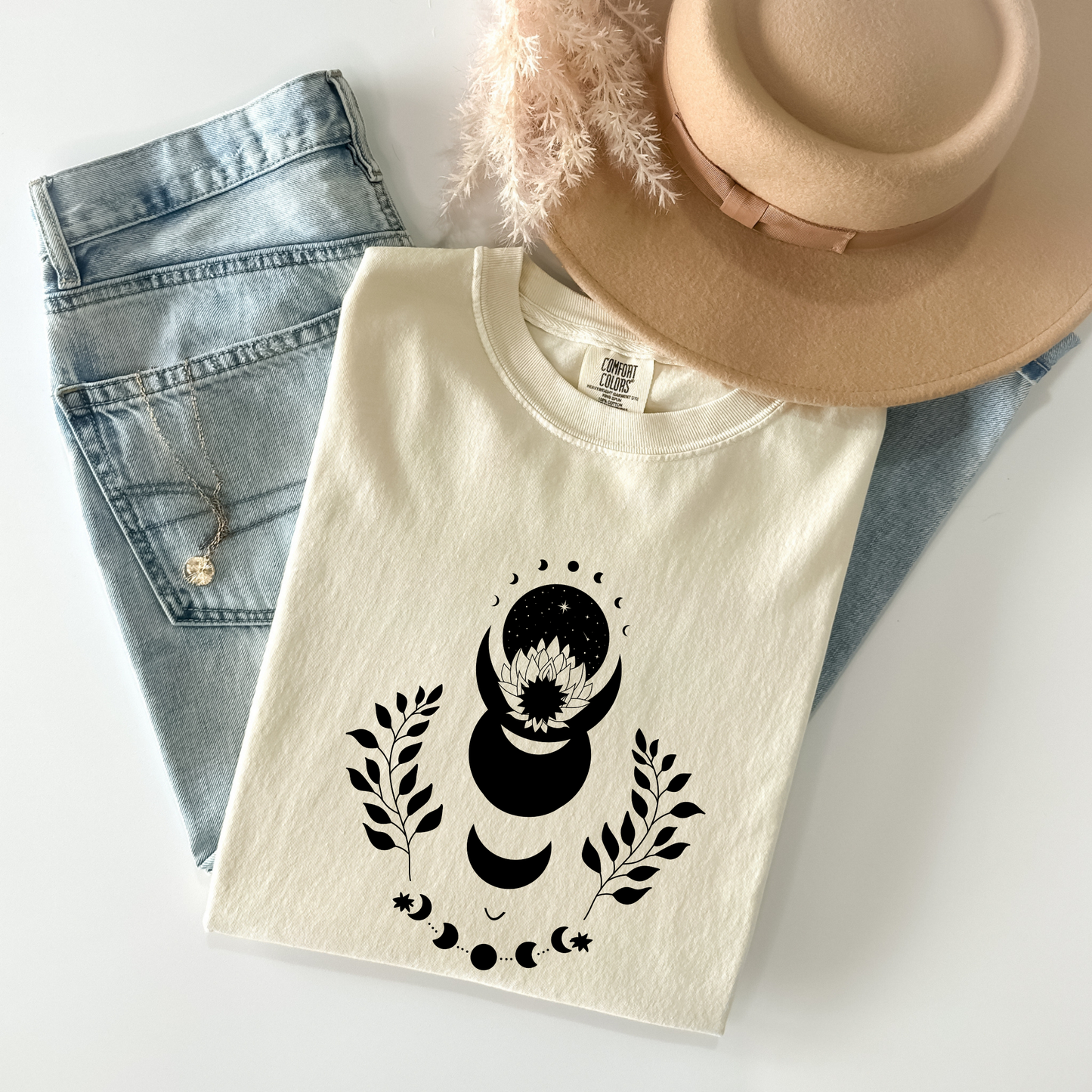 Lotus Floral Moon Phases Celestial T-Shirt