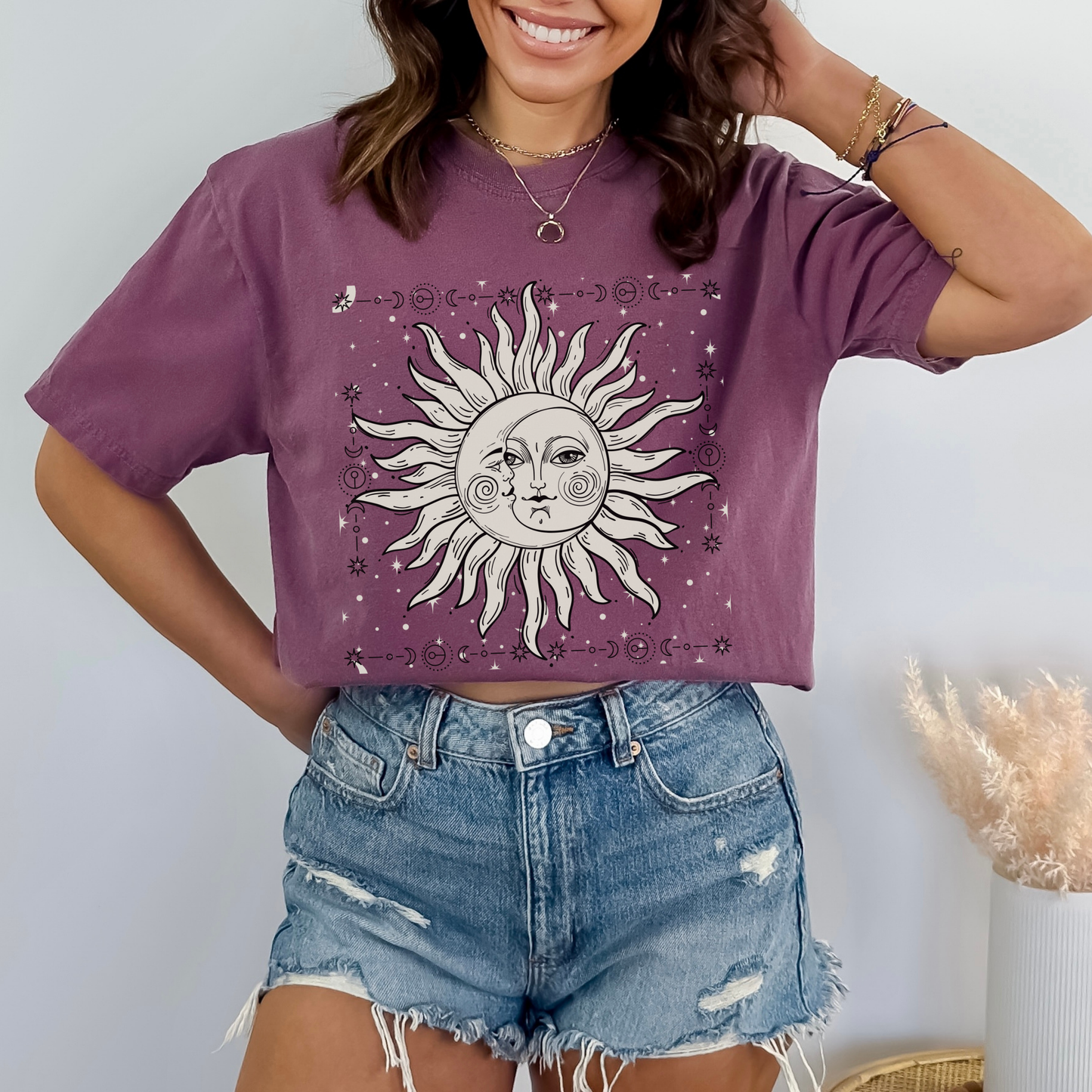 Celestial Sun and Crescent Moon Face Shirt
