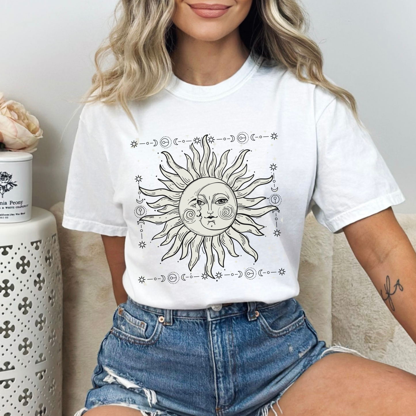 Celestial Sun and Crescent Moon Face Shirt