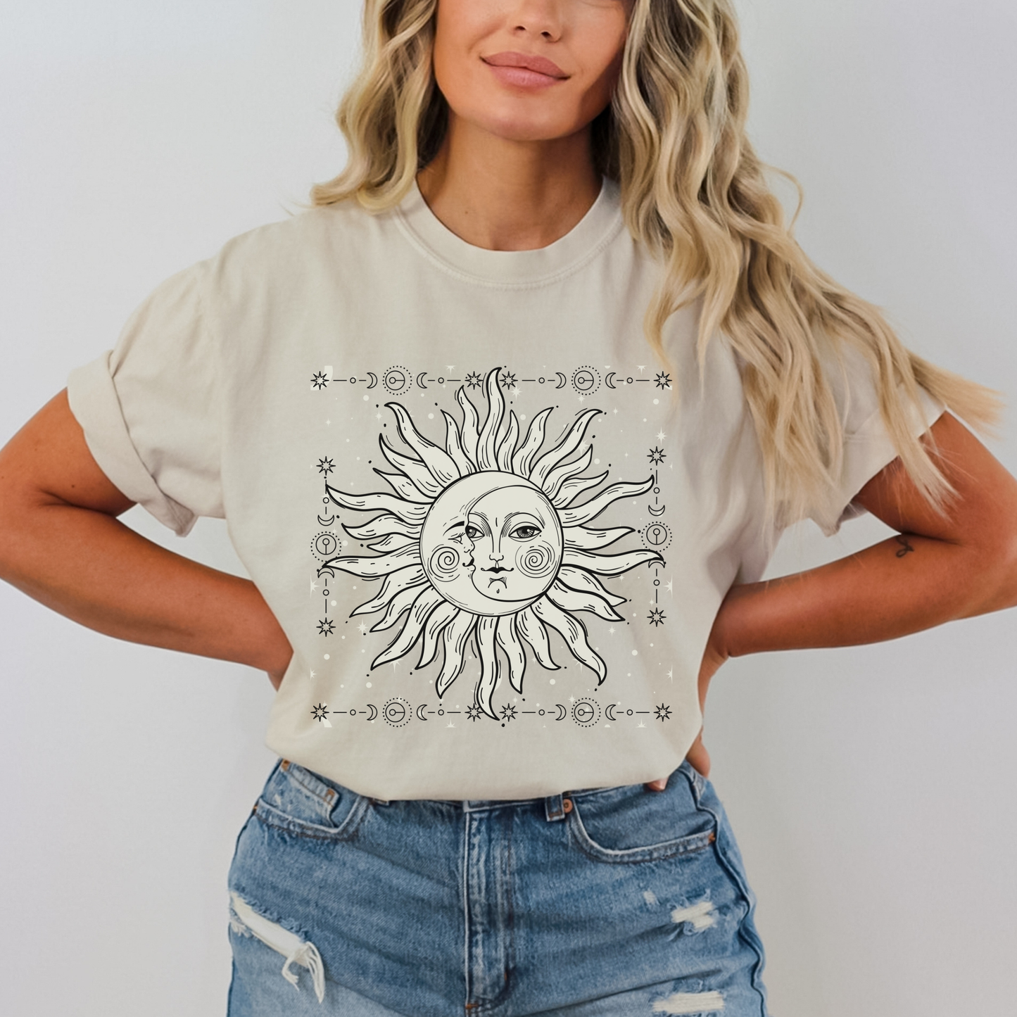 Celestial Sun and Crescent Moon Face Shirt