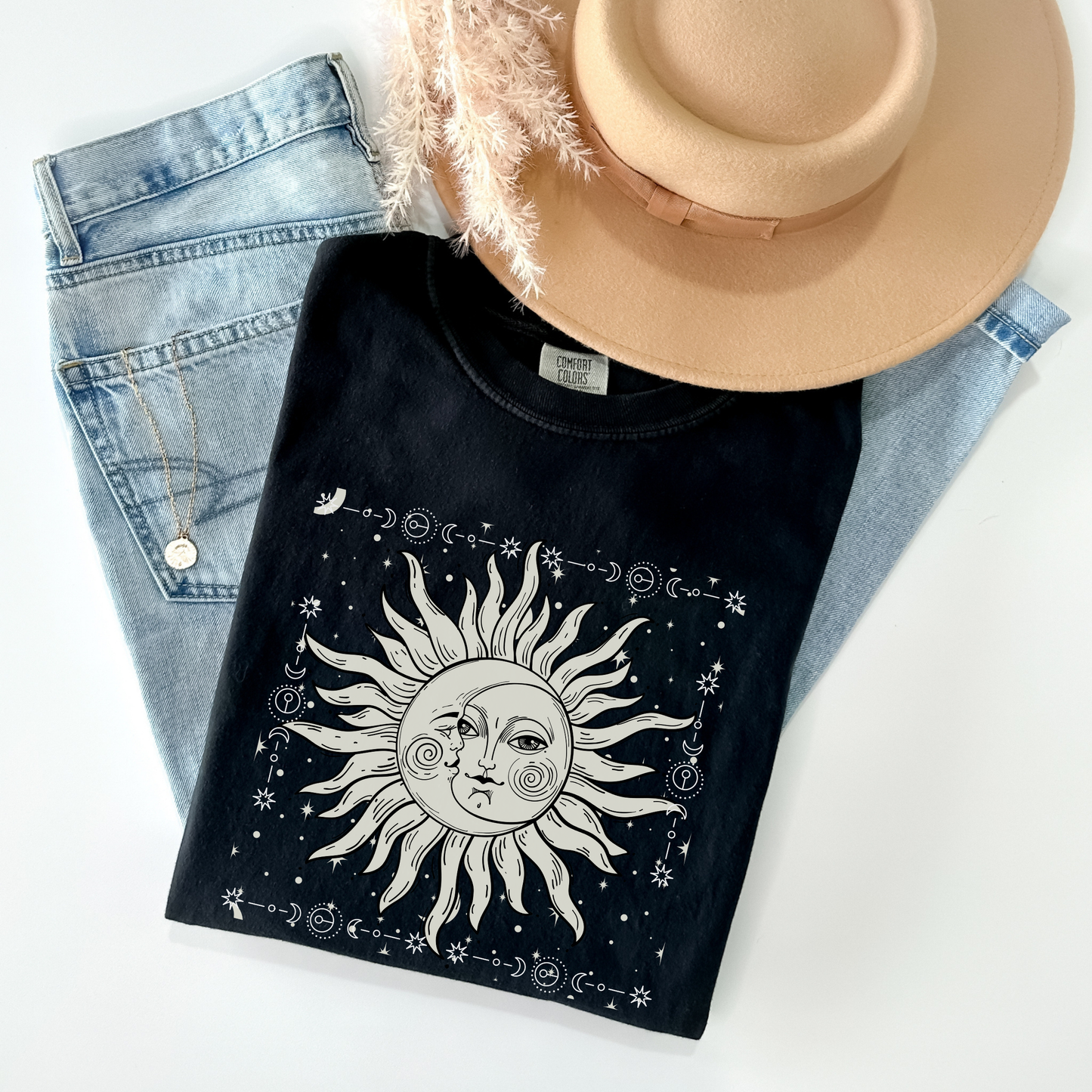 Celestial Sun and Crescent Moon Face Shirt