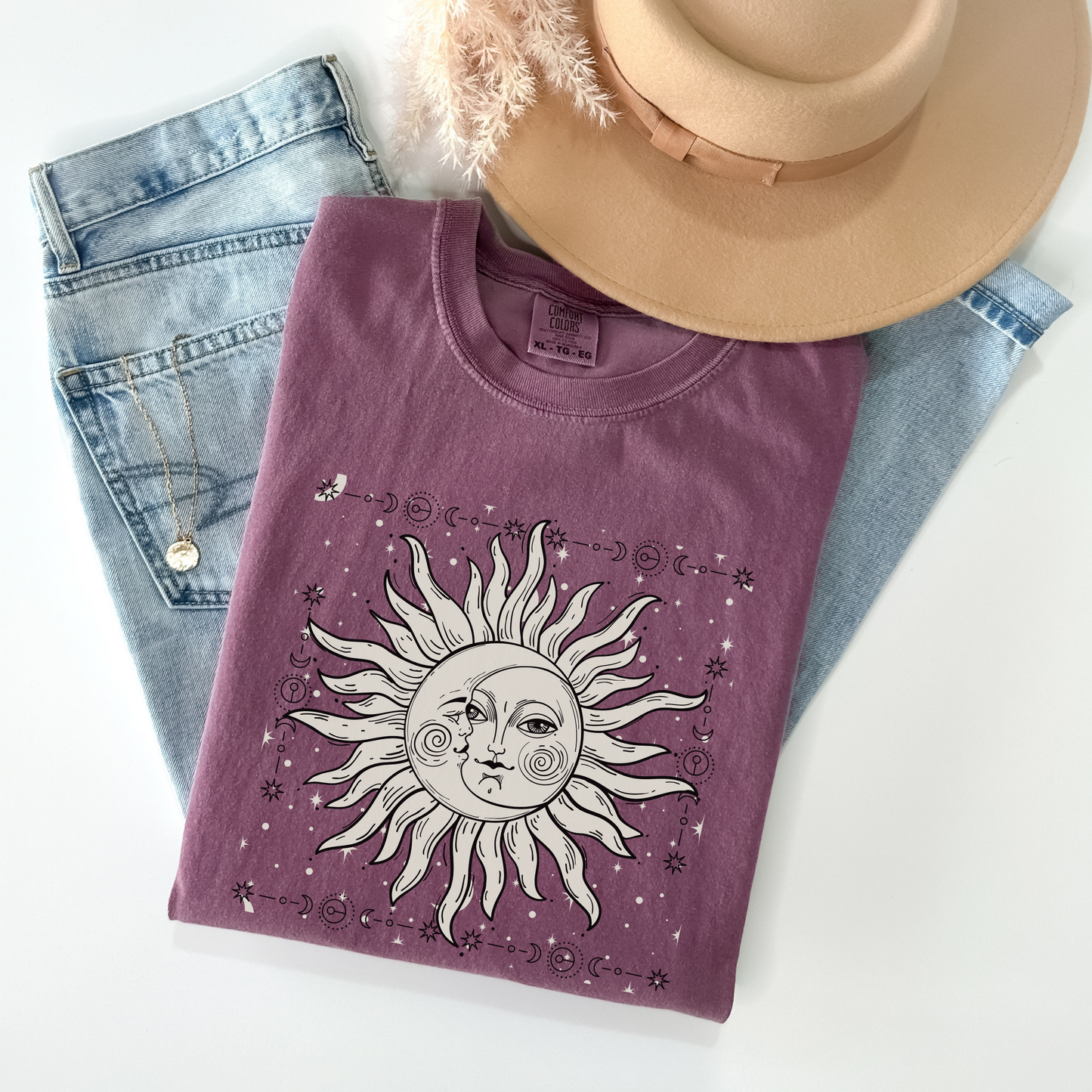 Celestial Sun and Crescent Moon Face Shirt