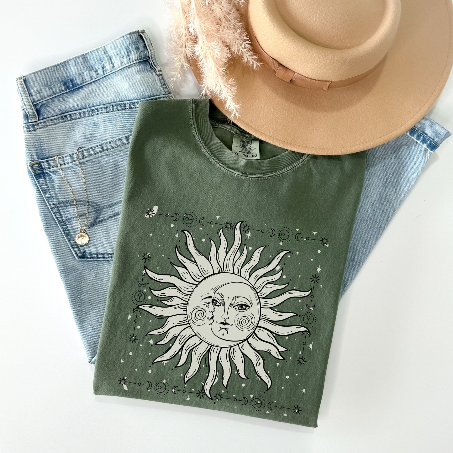 Celestial Sun and Crescent Moon Face Shirt