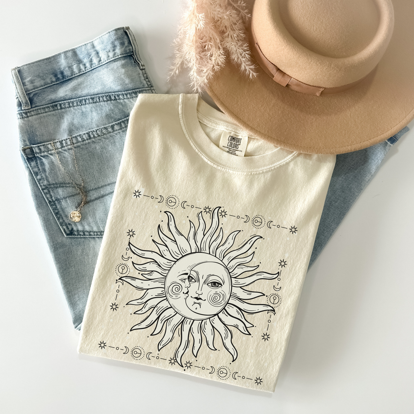 Celestial Sun and Crescent Moon Face Shirt