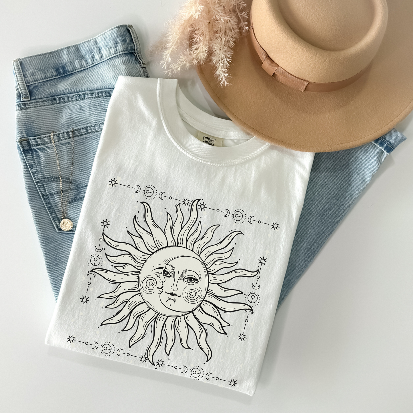 Celestial Sun and Crescent Moon Face Shirt