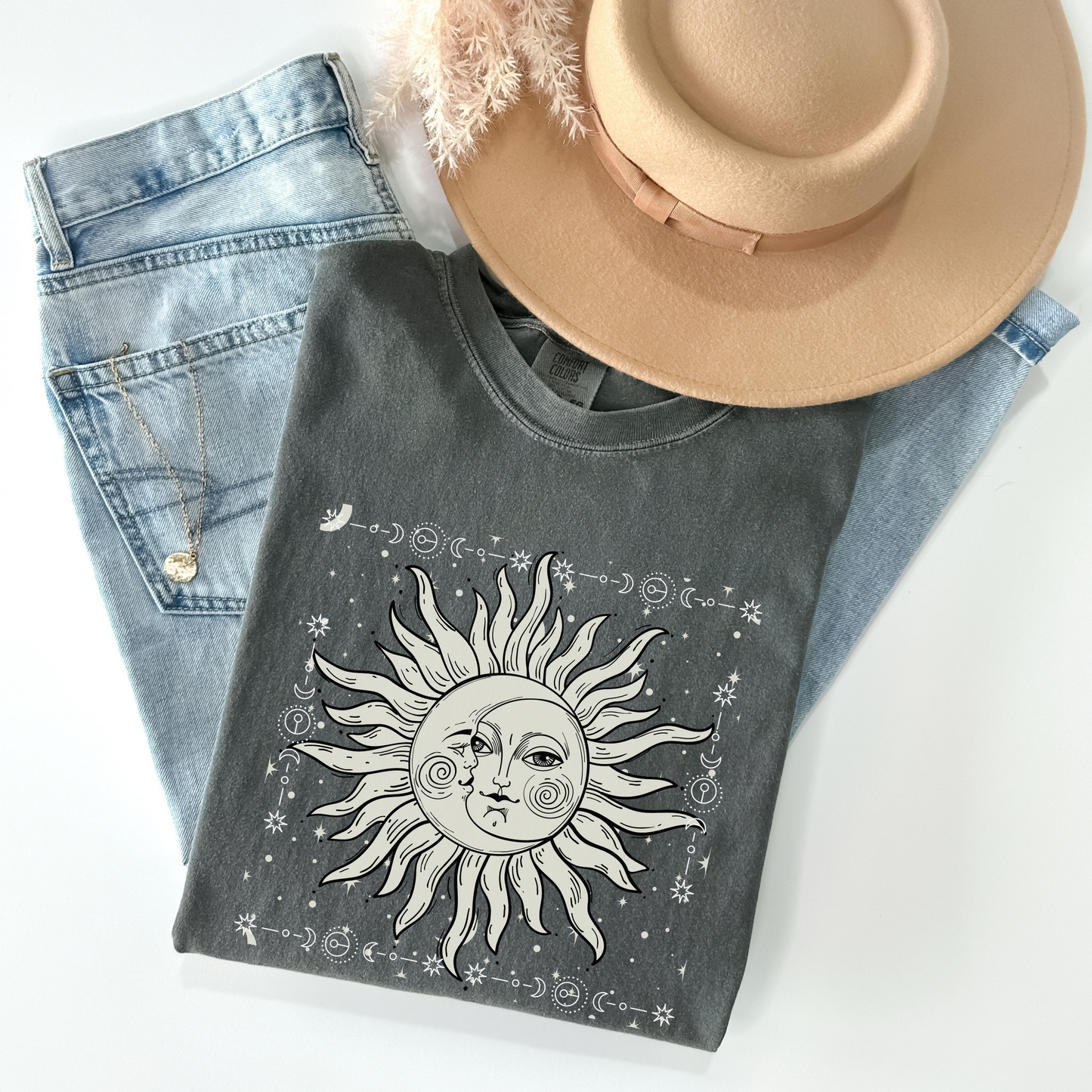 Celestial Sun and Crescent Moon Face Shirt