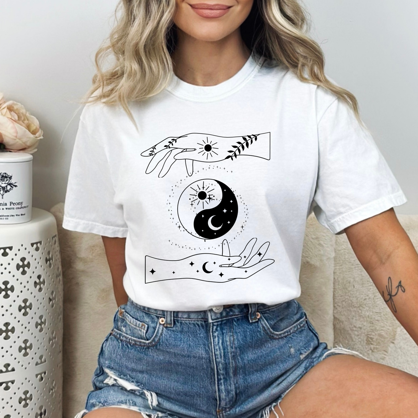 Ying Yang Mystical Hands Floral T-Shirt