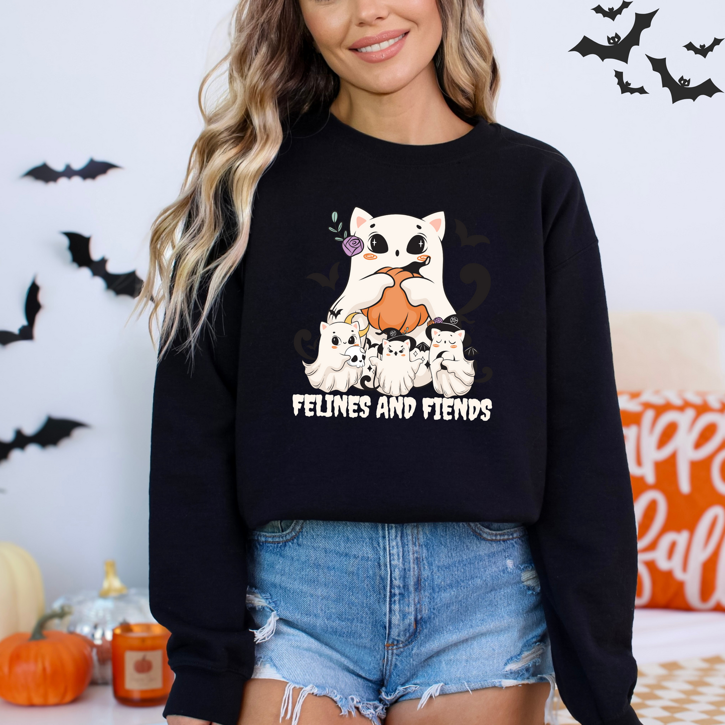 Felines and Fiends Cute Ghost Cat Halloween Sweatshirt