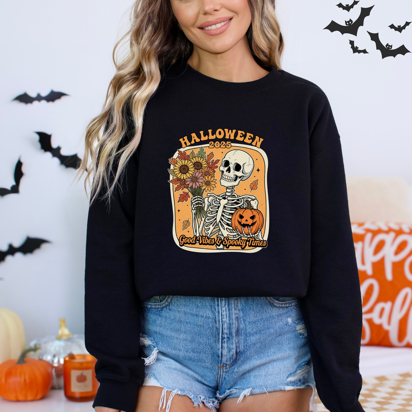 Skeleton 2025 Halloween Sweatshirt | Good Vibes & Spooky Times