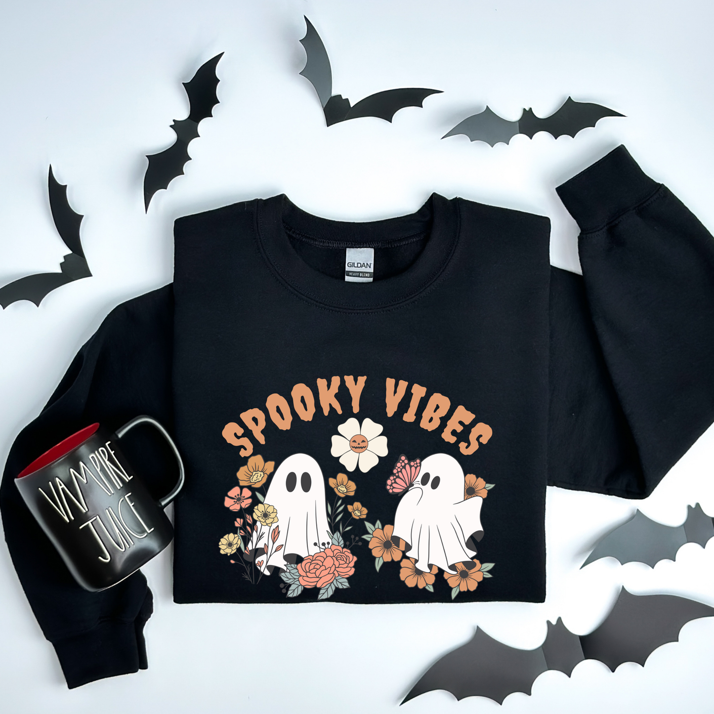 Spooky Vibes Floral Ghosts Halloween & Butterfly Sweatshirt