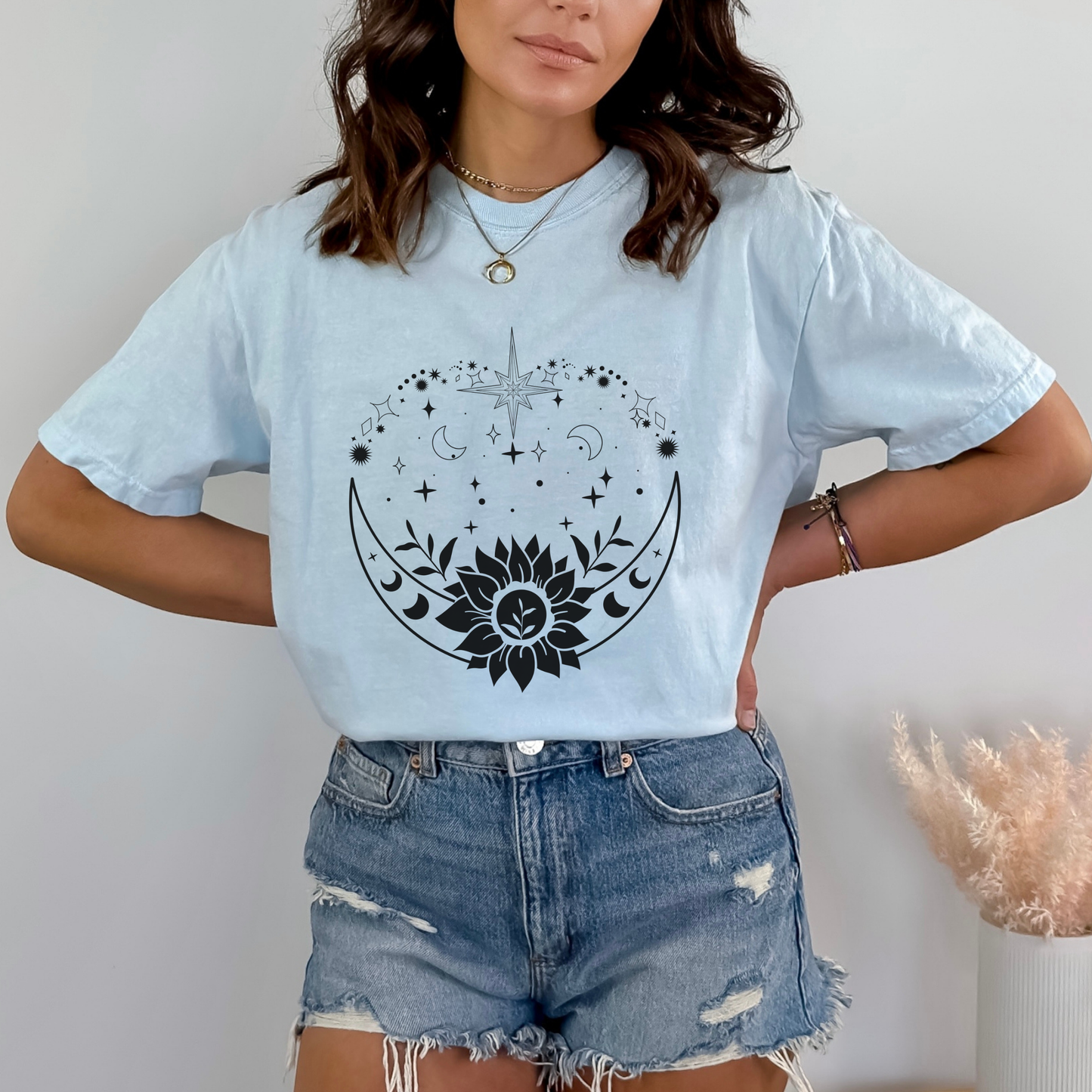 Celestial Moon with Sunflower, celestial frame border with moon and stars