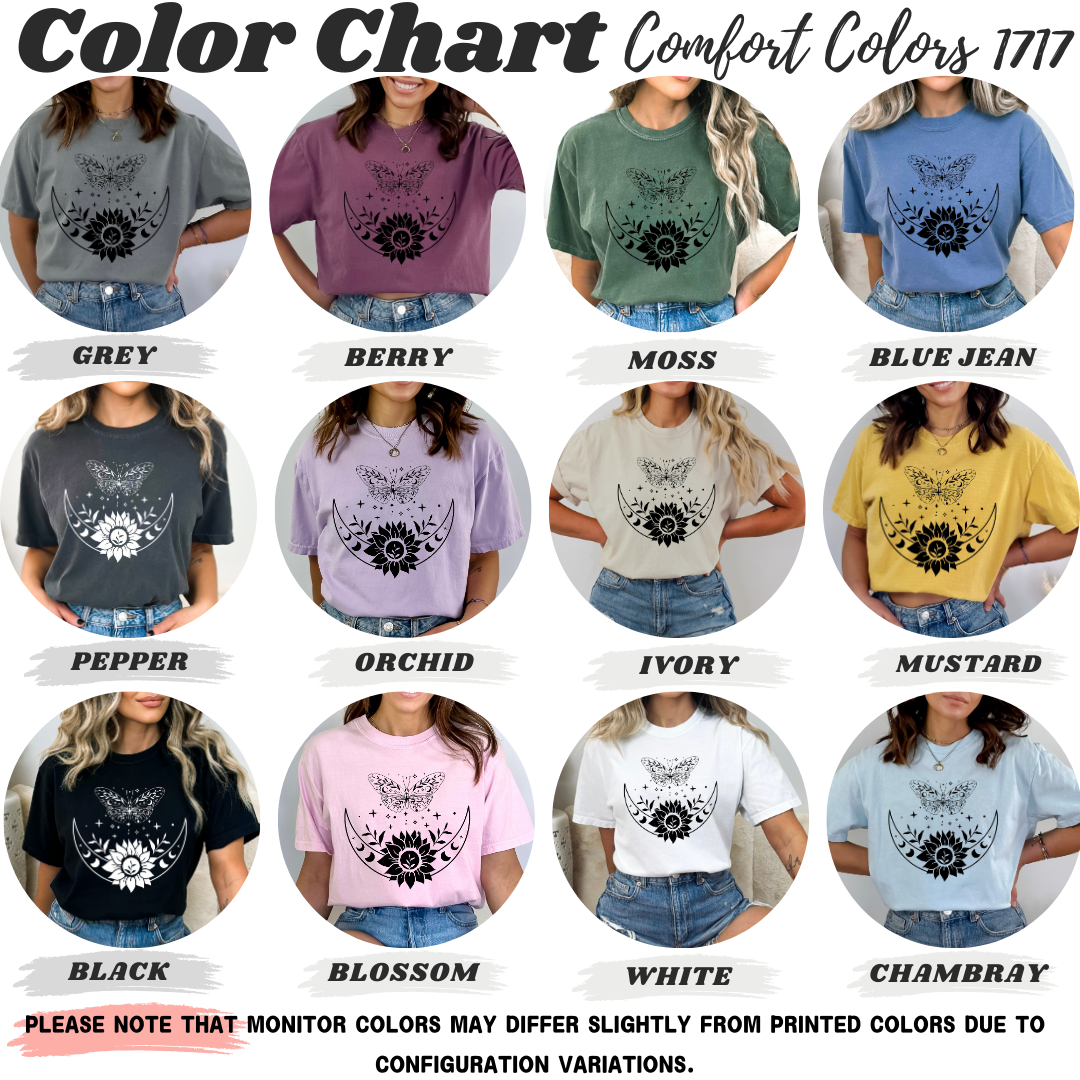 Boho Moon Phases, Sunflower & Butterfly T-Shirt