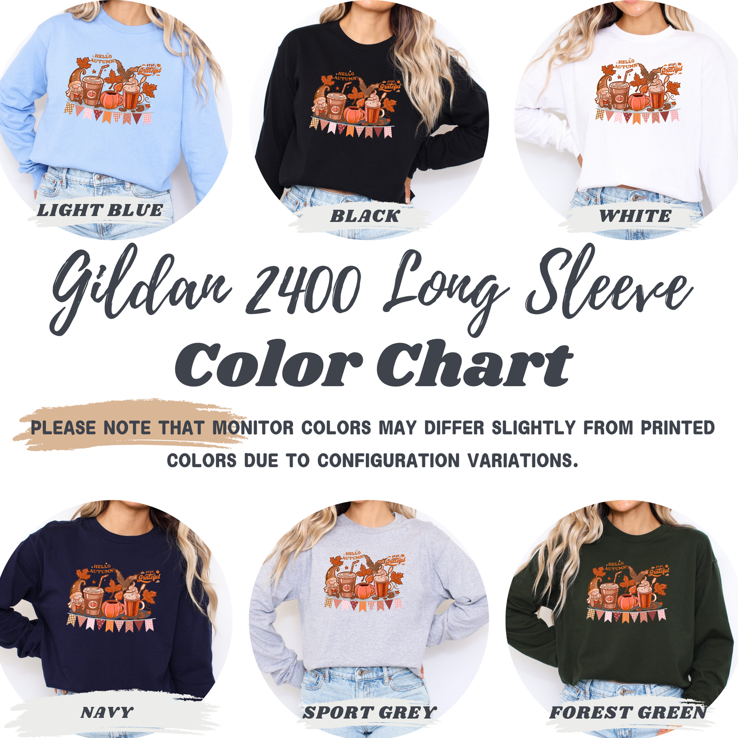 Gildan 2400 long sleeve color chart with five different colored sweatshirts.