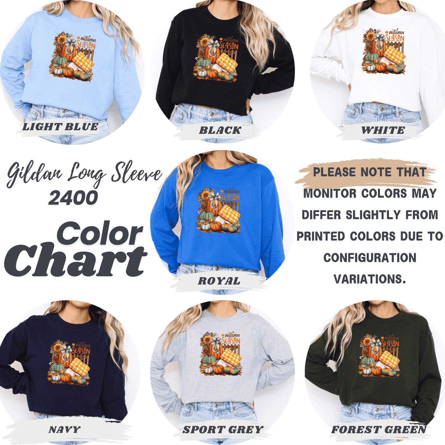 Color chart for Gildan long sleeve shirts in various colors with a graphic design on a white background.