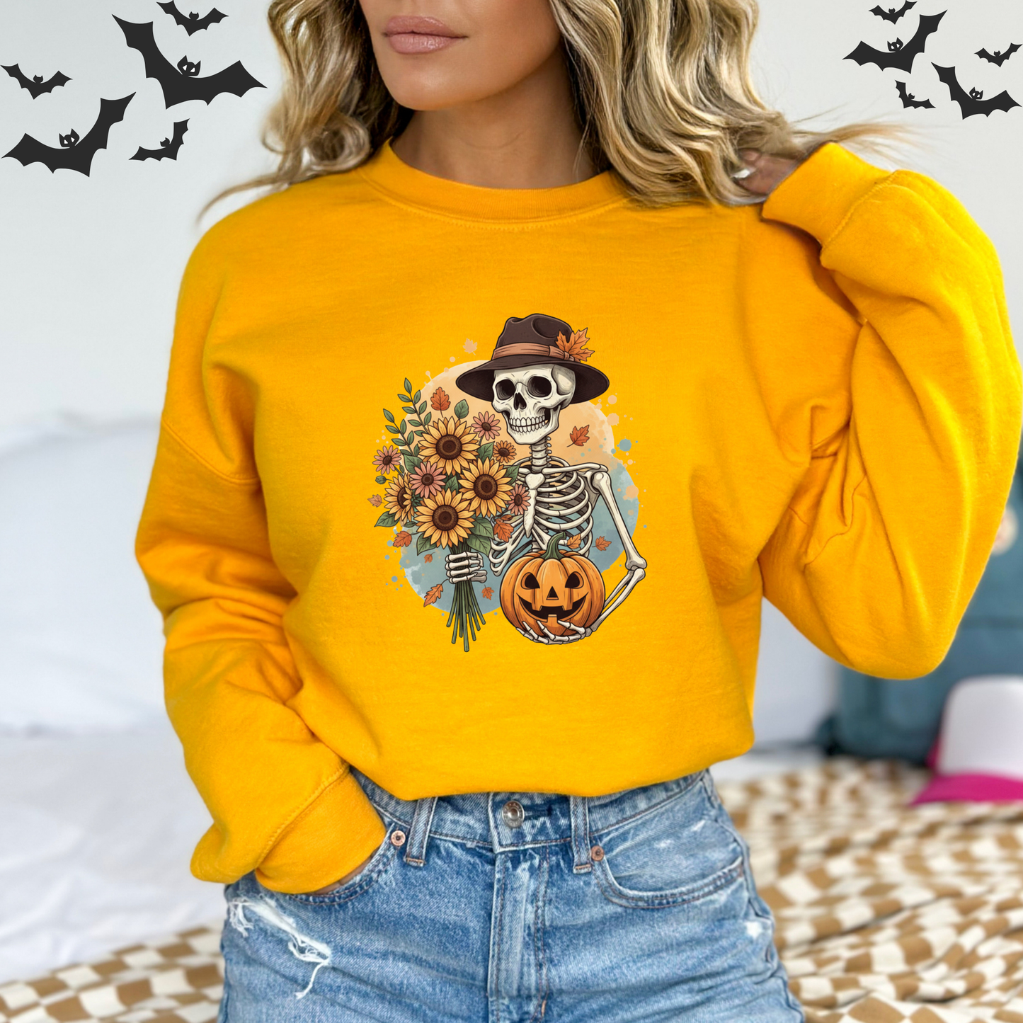Whimsical Vintage Skeleton & Pumpkin Sweatshirt