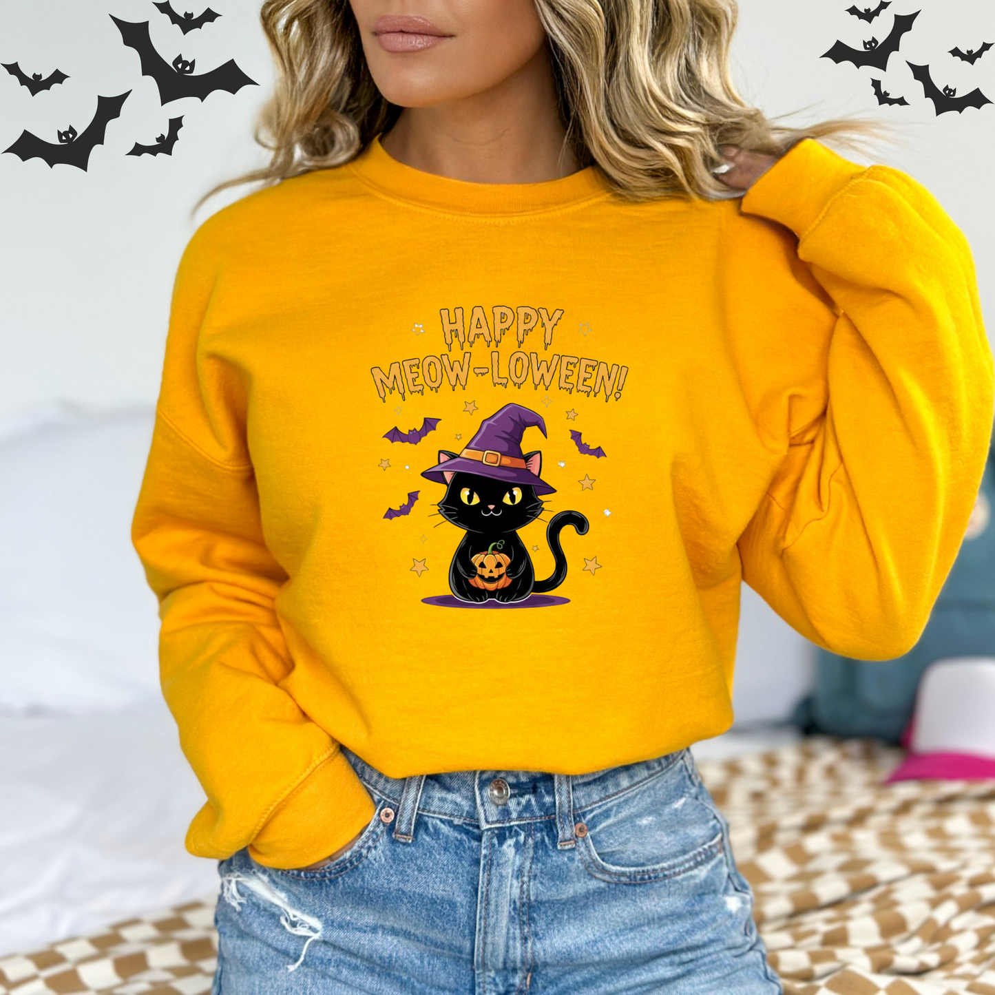 Happy Meow-loween Witchy Cat & Pumpkin Sweatshirt