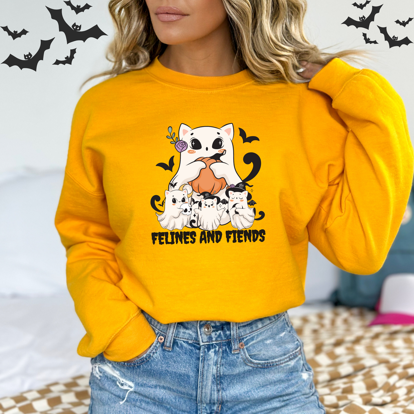 Felines and Fiends Cute Ghost Cat Halloween Sweatshirt