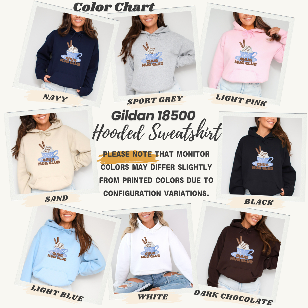 Color chart for Gildan 18500 hooded sweatshirts showing various colors.