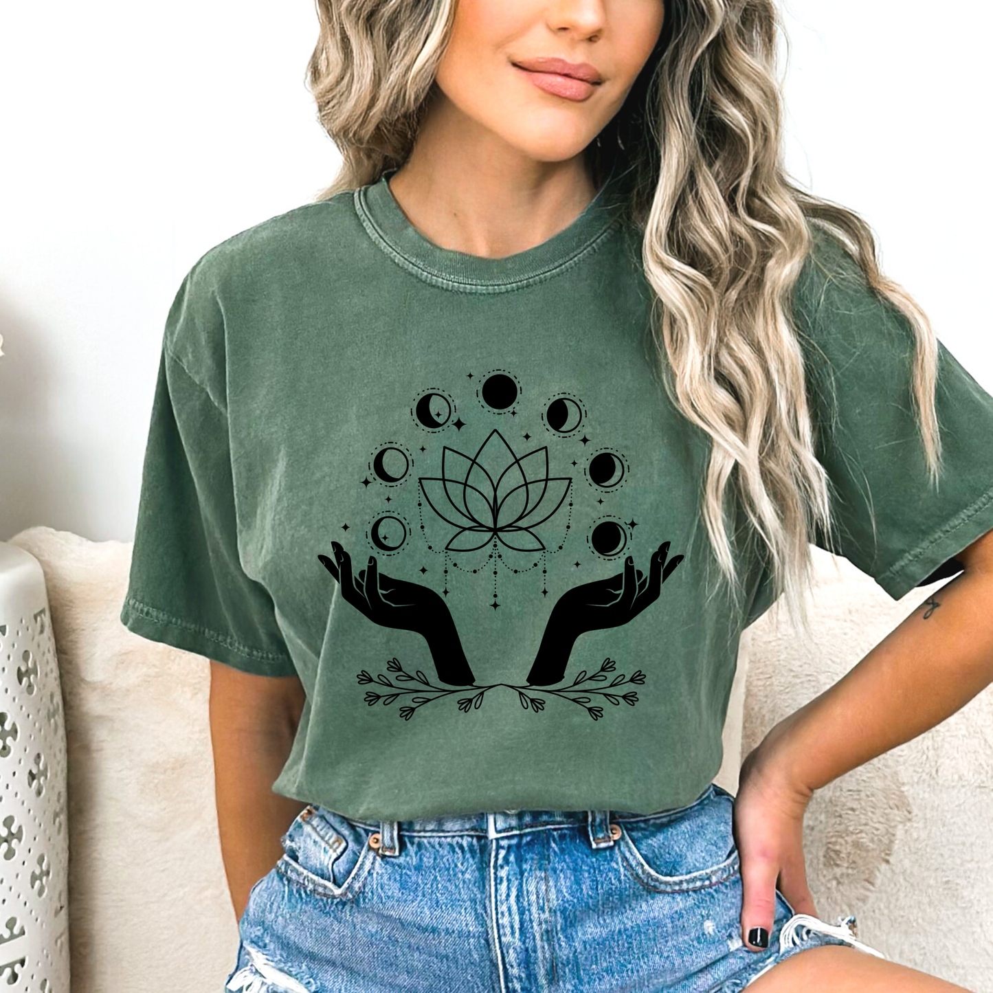 Magic Hand Lotus juggling with phases of the Moon, divination magic of lunar phase, finished up with a Leaf Plant Nature Border