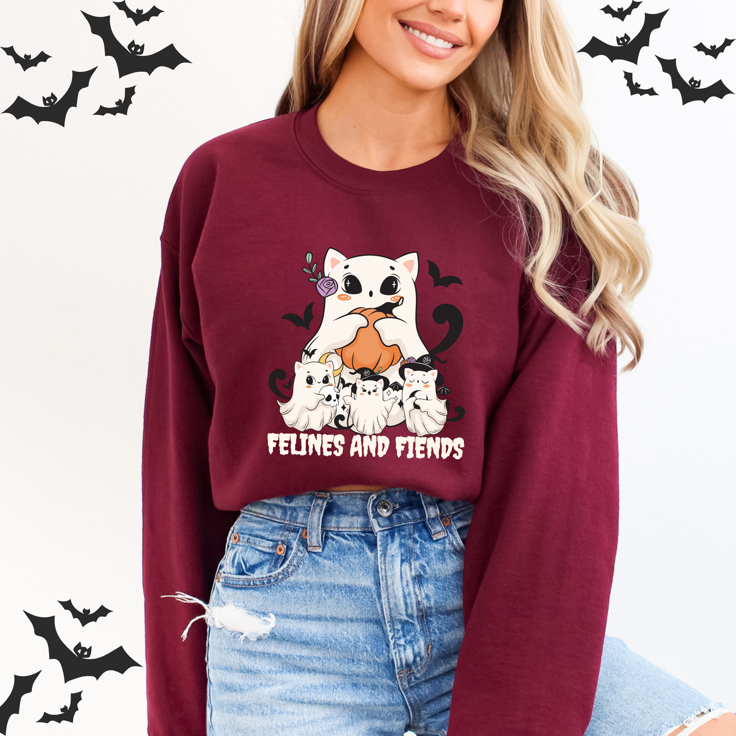 Felines and Fiends Cute Ghost Cat Halloween Sweatshirt