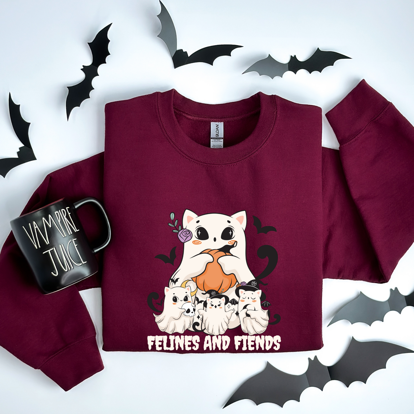 Felines and Fiends Cute Ghost Cat Halloween Sweatshirt