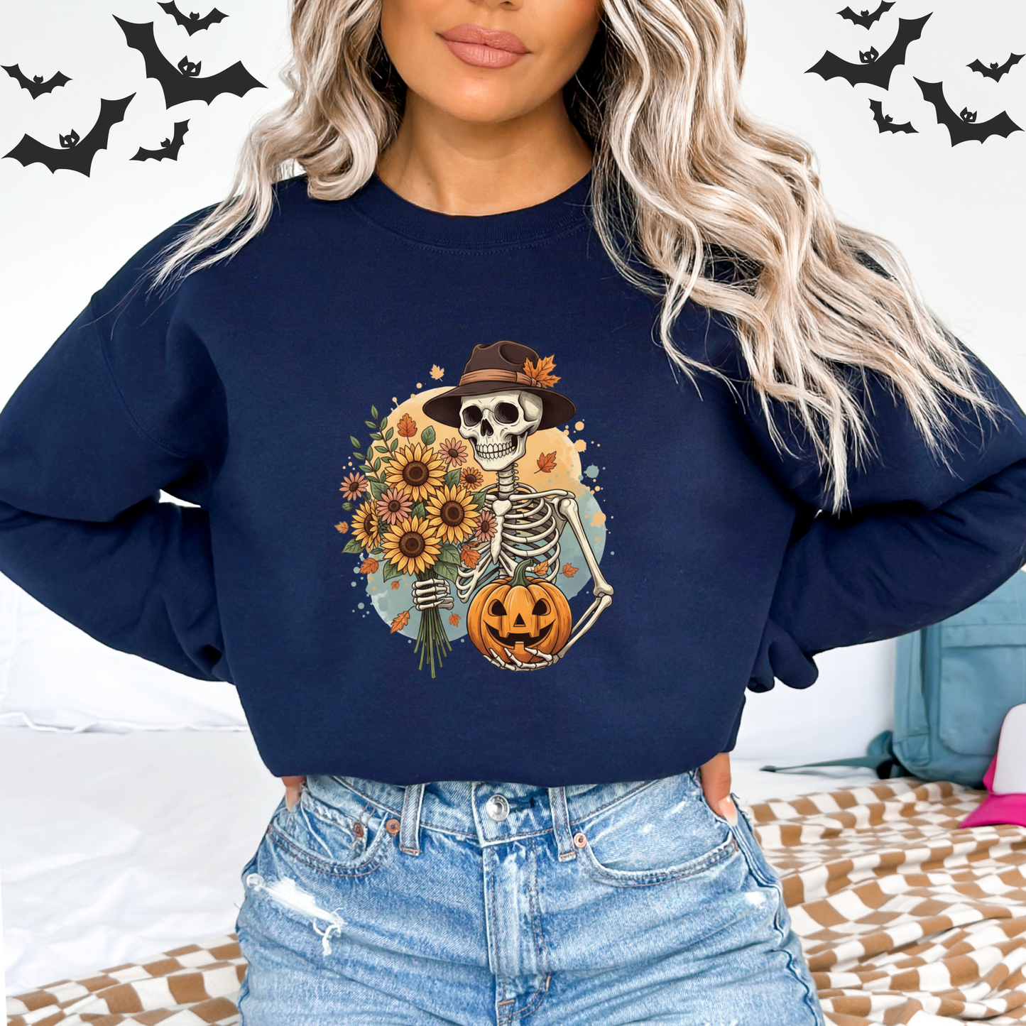 Whimsical Vintage Skeleton & Pumpkin Sweatshirt