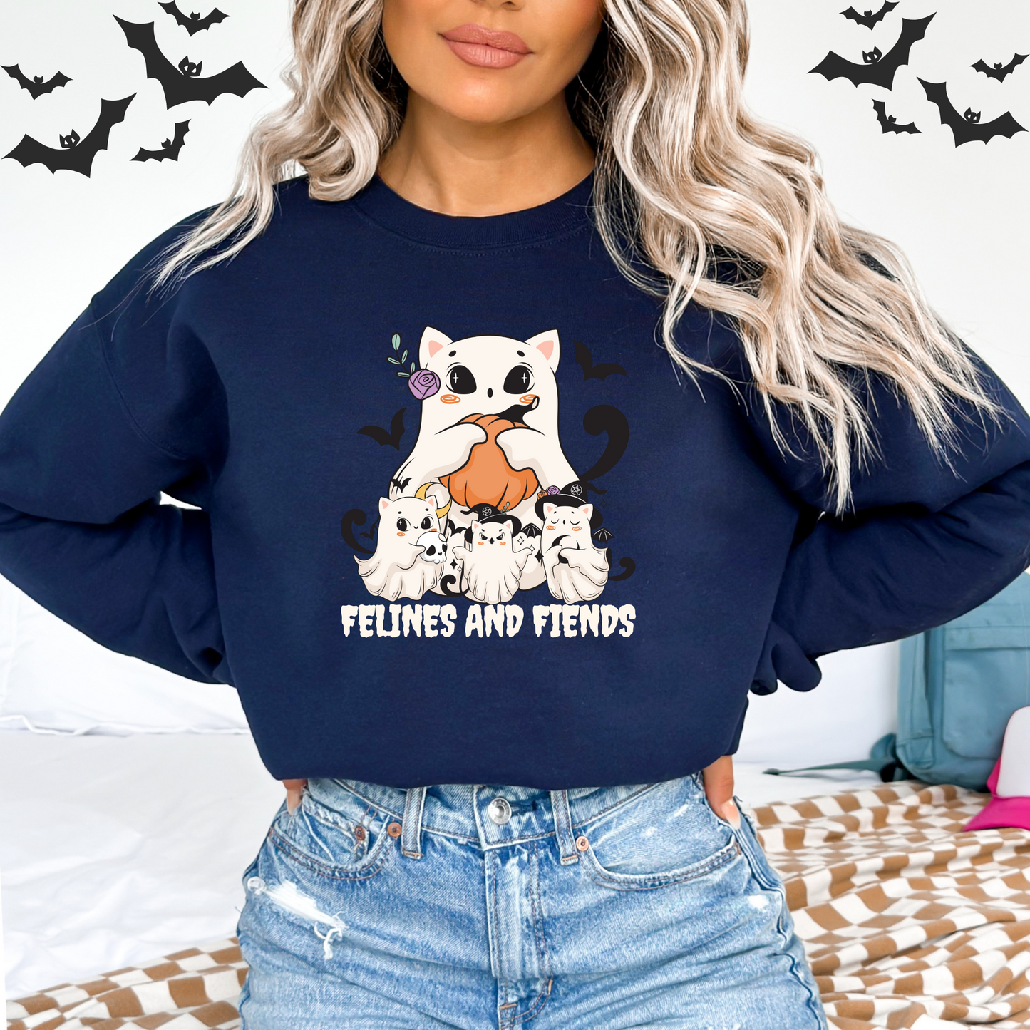 Felines and Fiends Cute Ghost Cat Halloween Sweatshirt