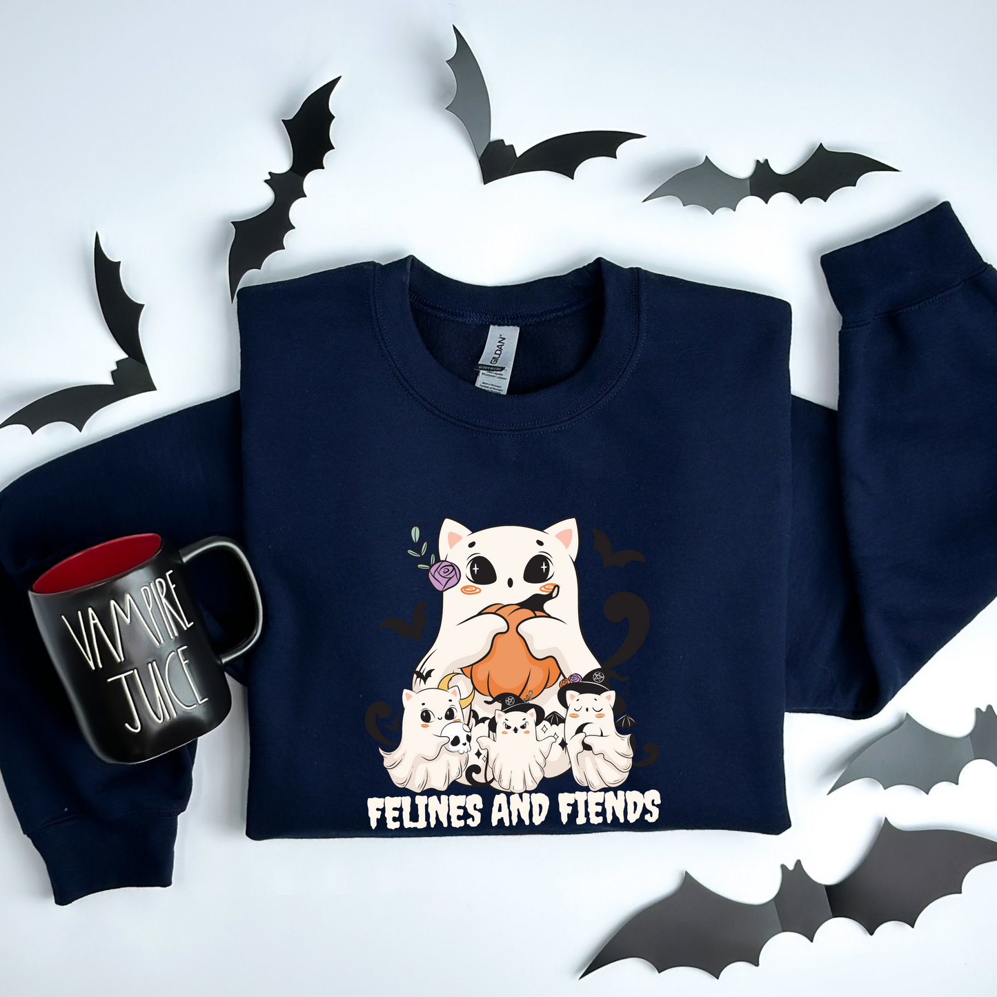Felines and Fiends Cute Ghost Cat Halloween Sweatshirt
