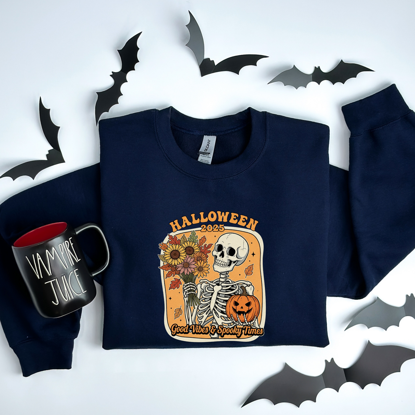Skeleton 2025 Halloween Sweatshirt | Good Vibes & Spooky Times