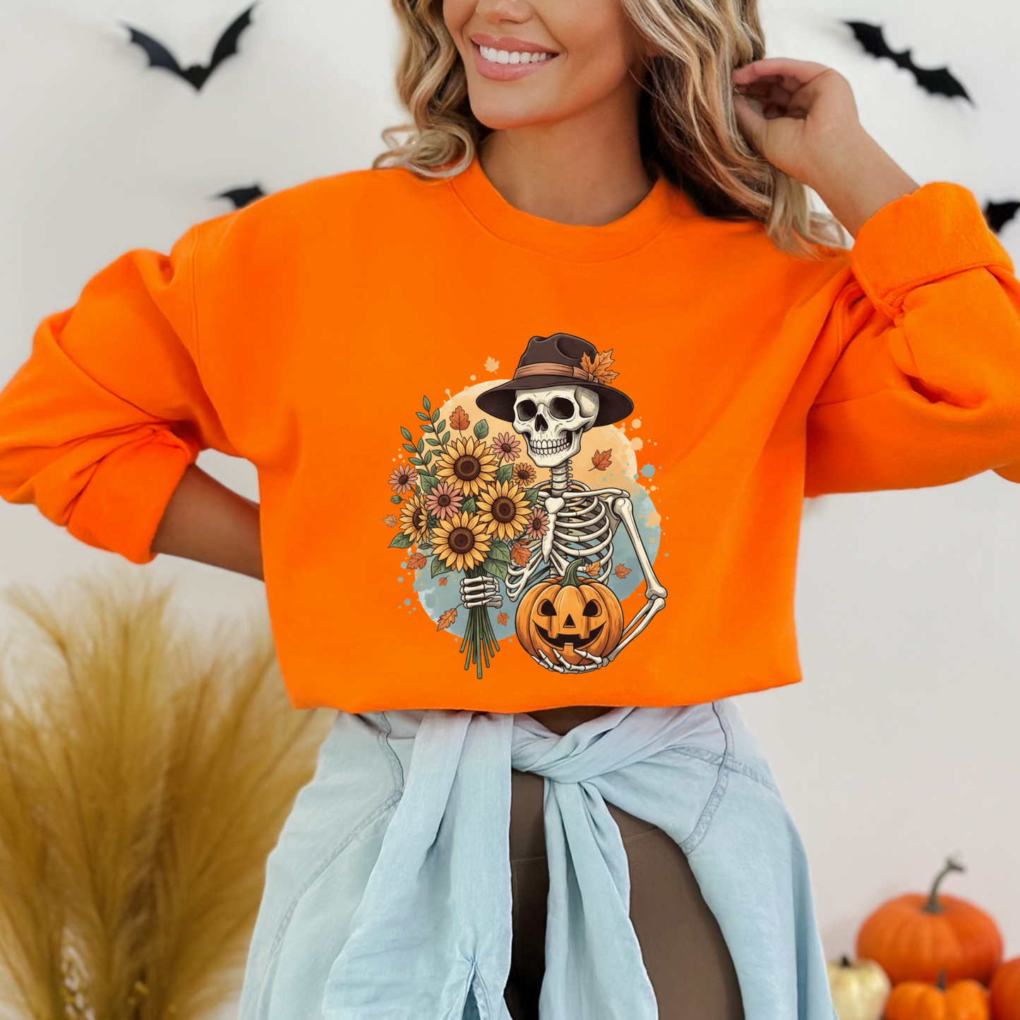 Whimsical Vintage Skeleton & Pumpkin Sweatshirt