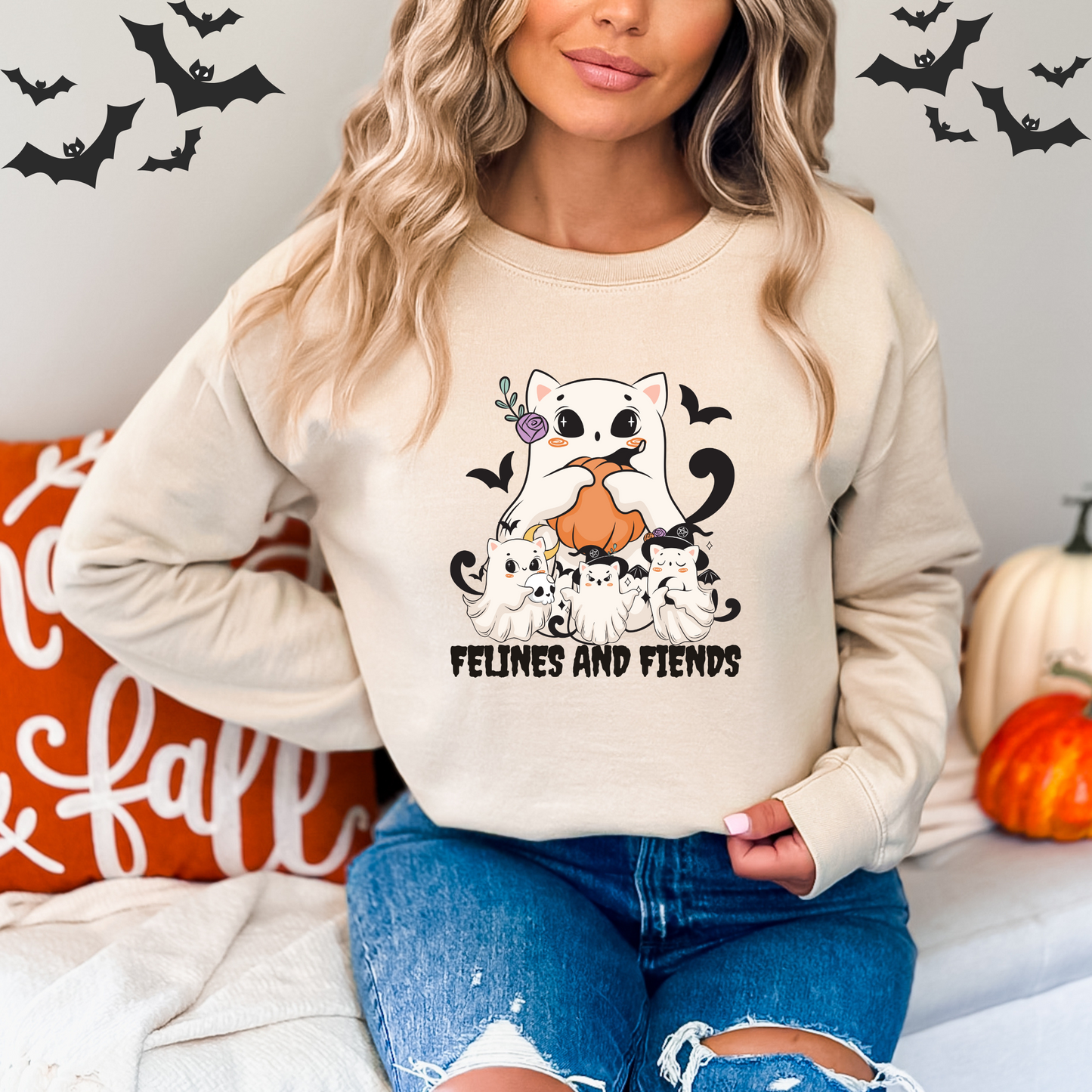 Felines and Fiends Cute Ghost Cat Halloween Sweatshirt