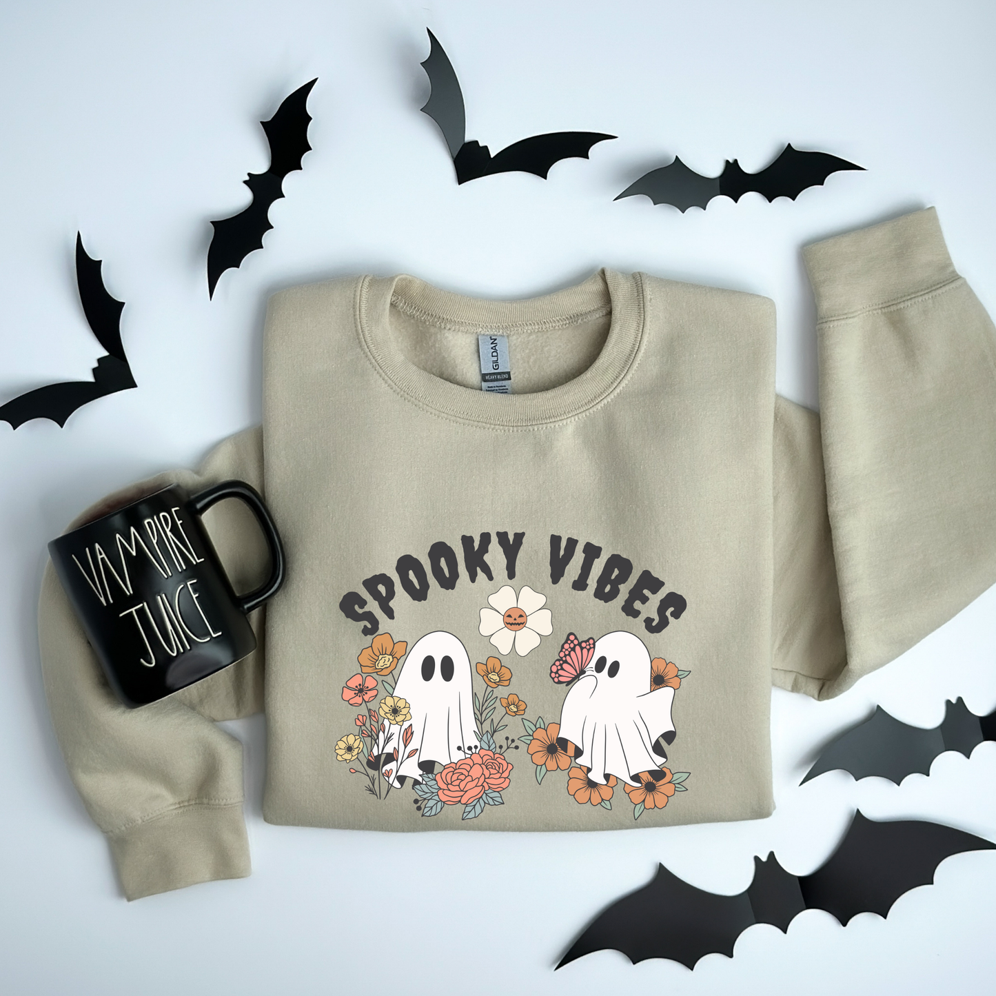 Spooky Vibes Floral Ghosts Halloween & Butterfly Sweatshirt