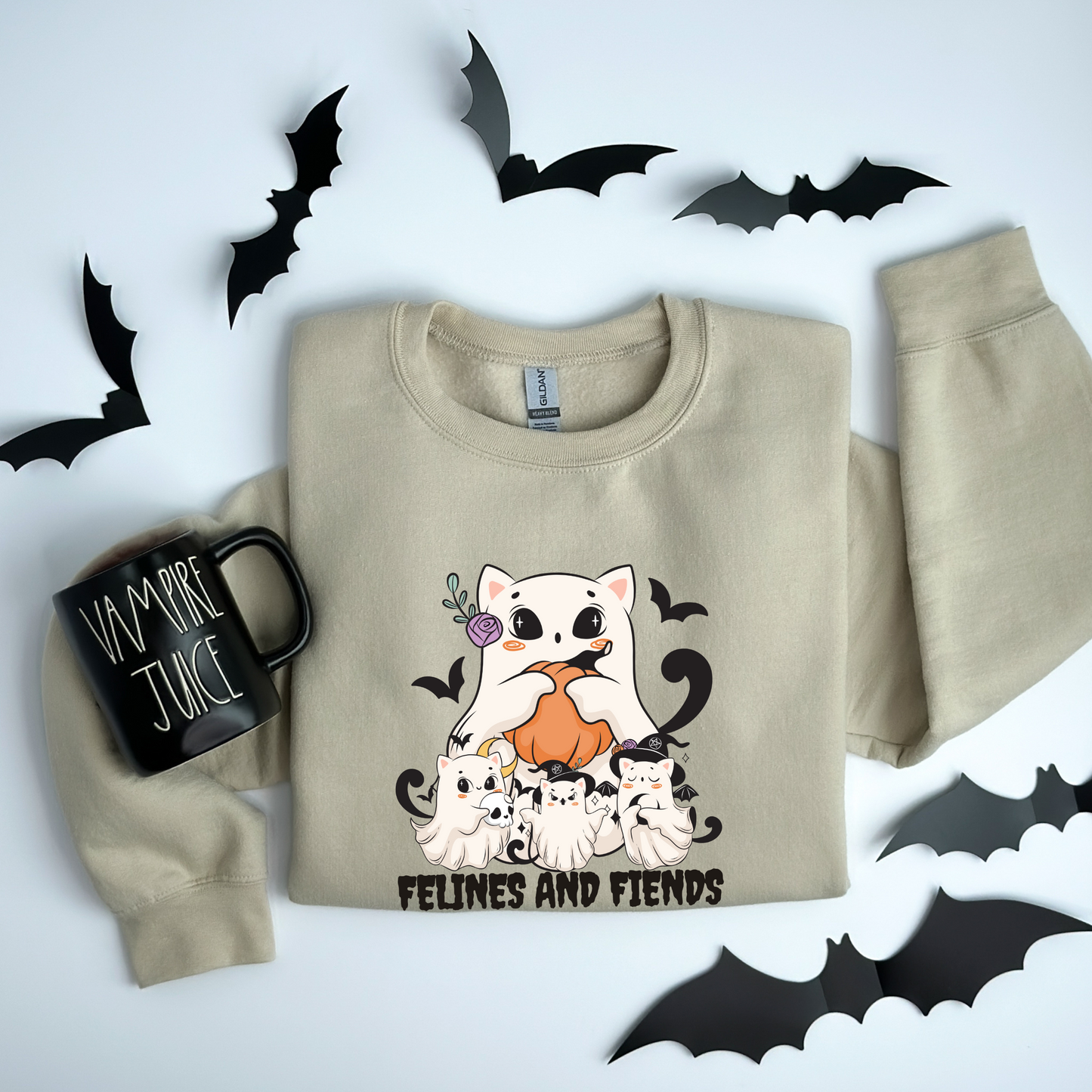 Felines and Fiends Cute Ghost Cat Halloween Sweatshirt