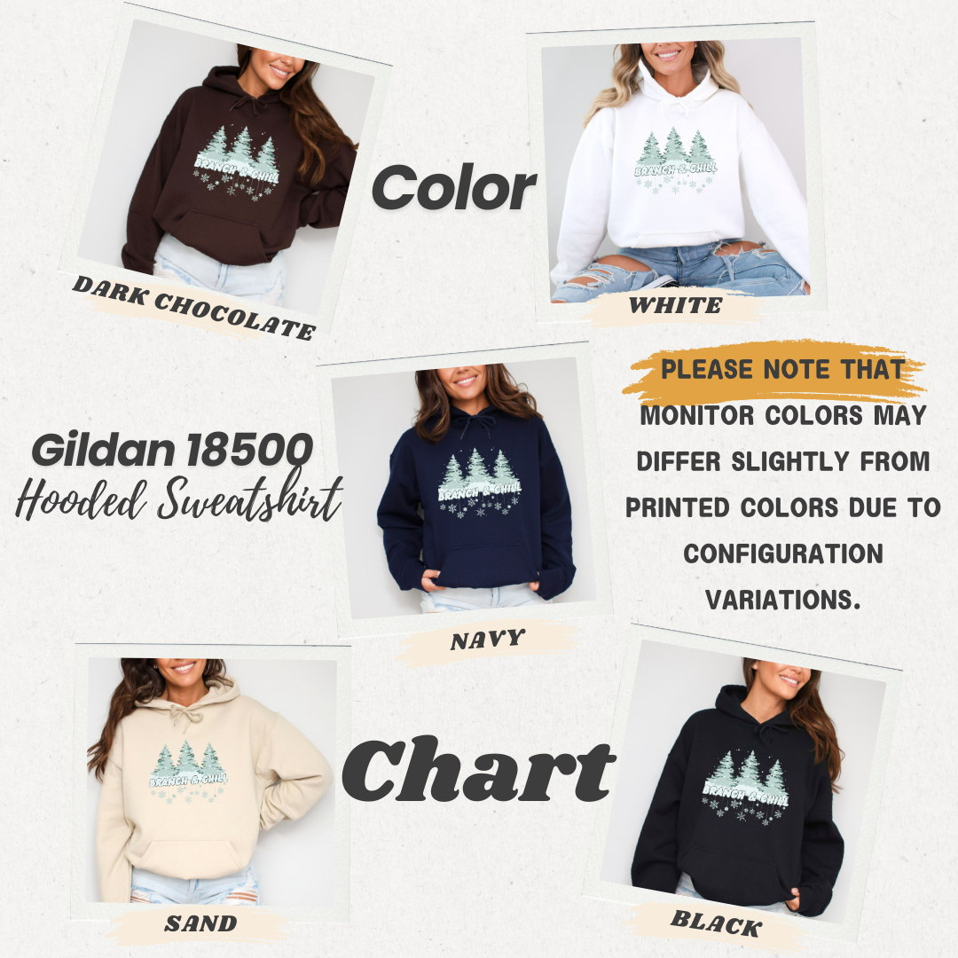 Collage of Gildan 18500 hoodies in various colors with text indicating color options.