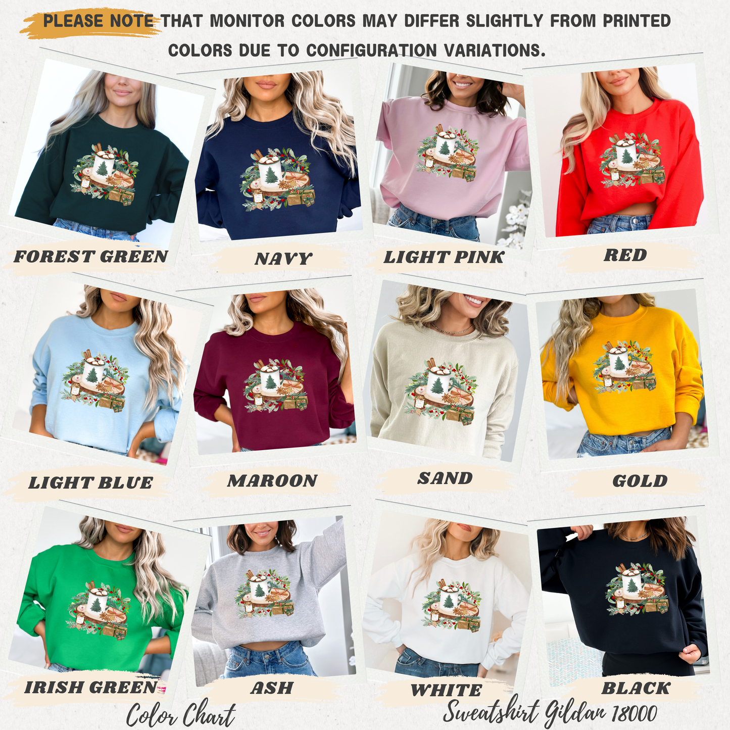 Color chart for sweatshirts with various colors and a design on a white background.
