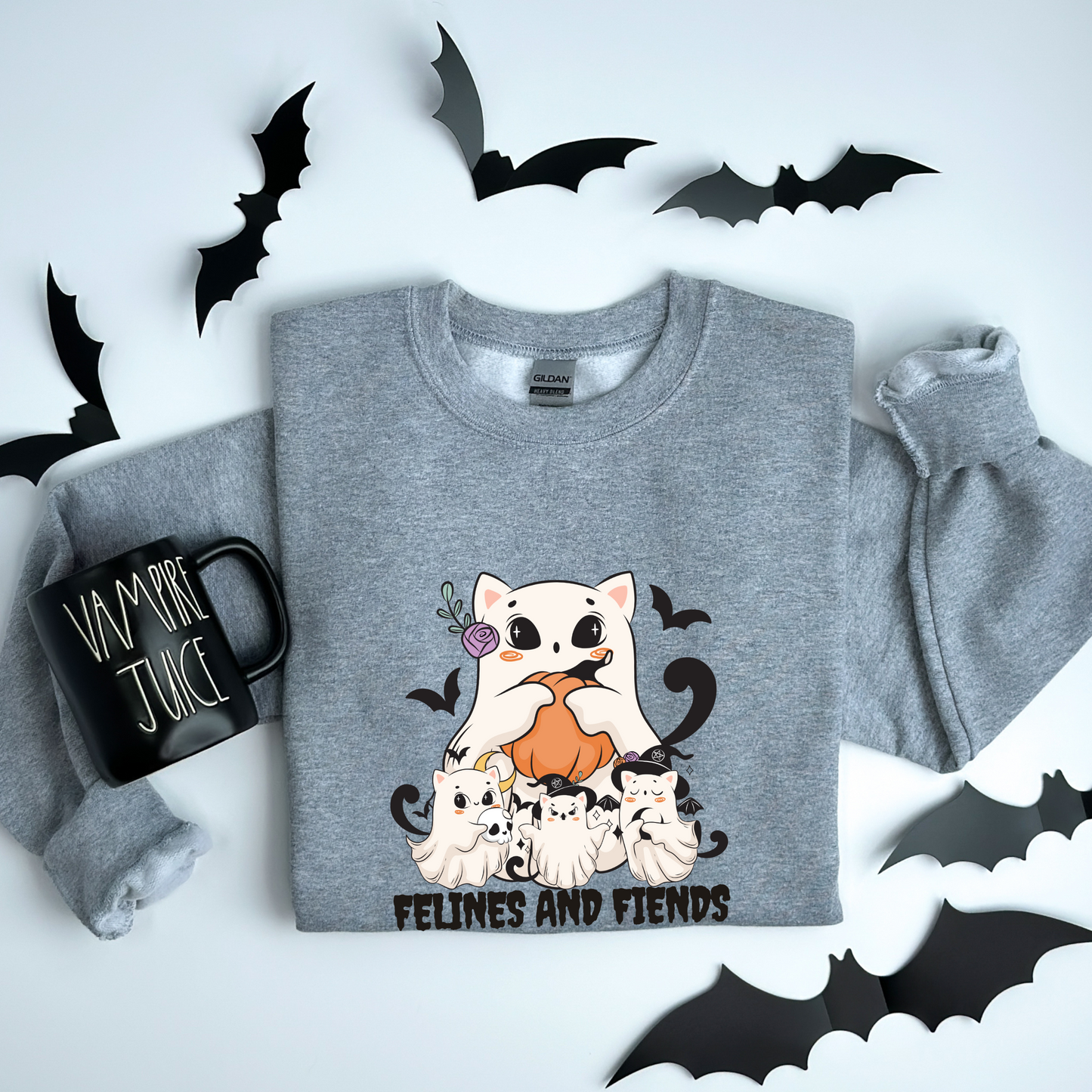 Felines and Fiends Cute Ghost Cat Halloween Sweatshirt