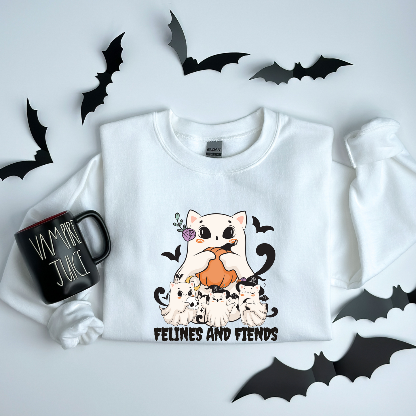 Felines and Fiends Cute Ghost Cat Halloween Sweatshirt