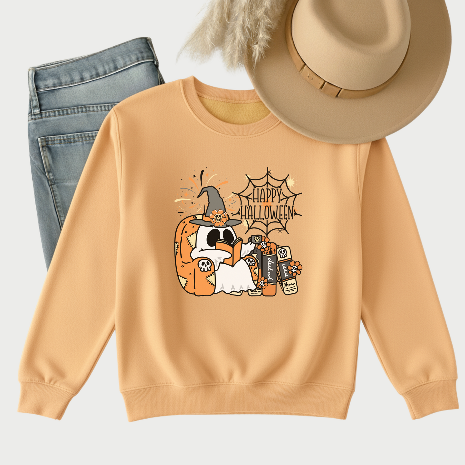 design for a t-shirt mock-up with cute ghosts, magic cats, witchy dogs, and friendly skeletons.